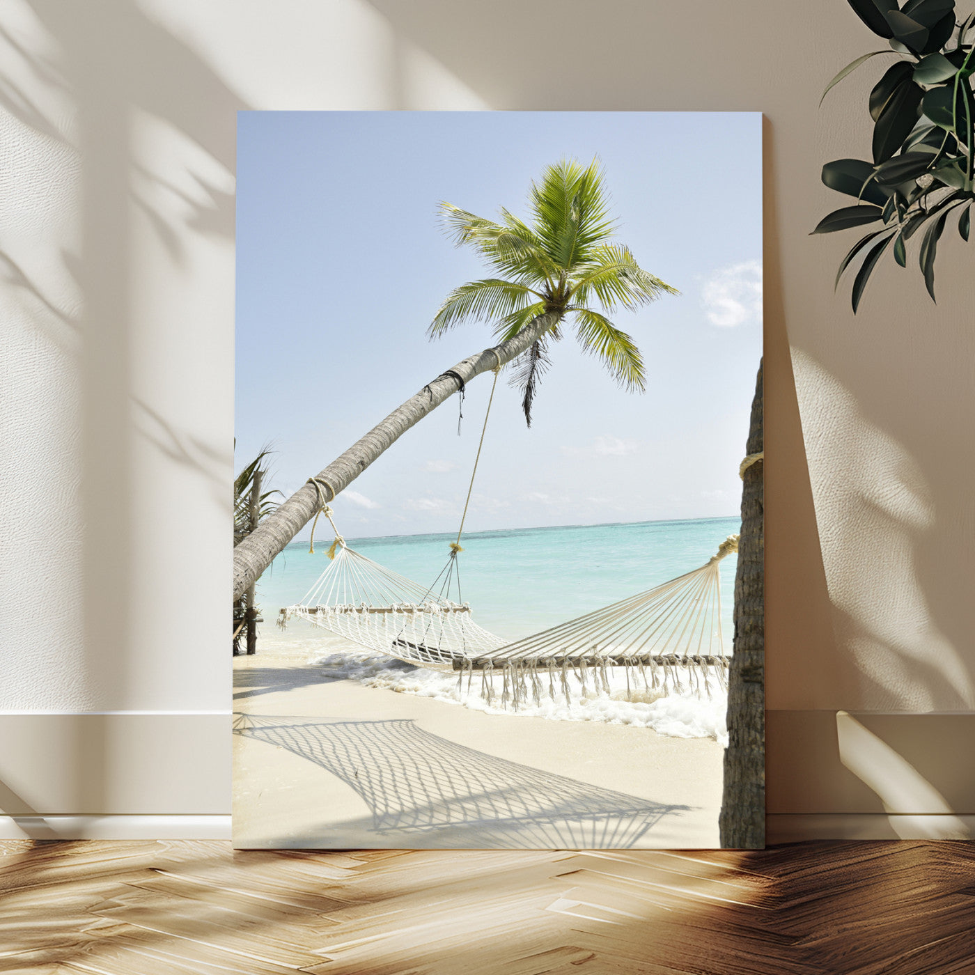 39927211-MGV-CV-24X36-Beach Hammock Wall Art Canvas Print – Framed Tropical Paradise Coastal Serenity Artwork for Home Office