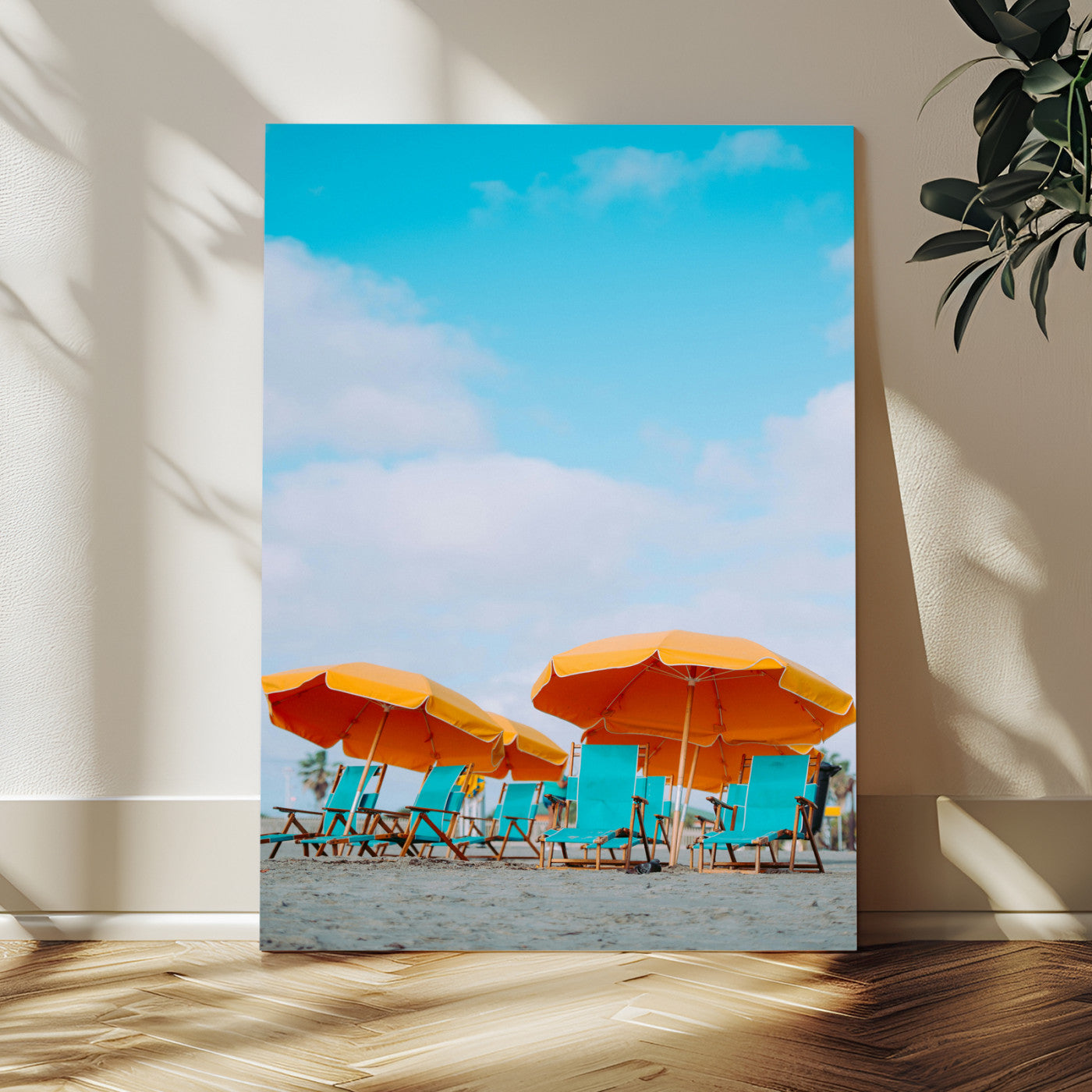 20422711-MGV-CV-24X36-Beach Umbrellas Wall Art Canvas Print – Framed Tropical Coastal Paradise Nature Scene Artwork for Home Office