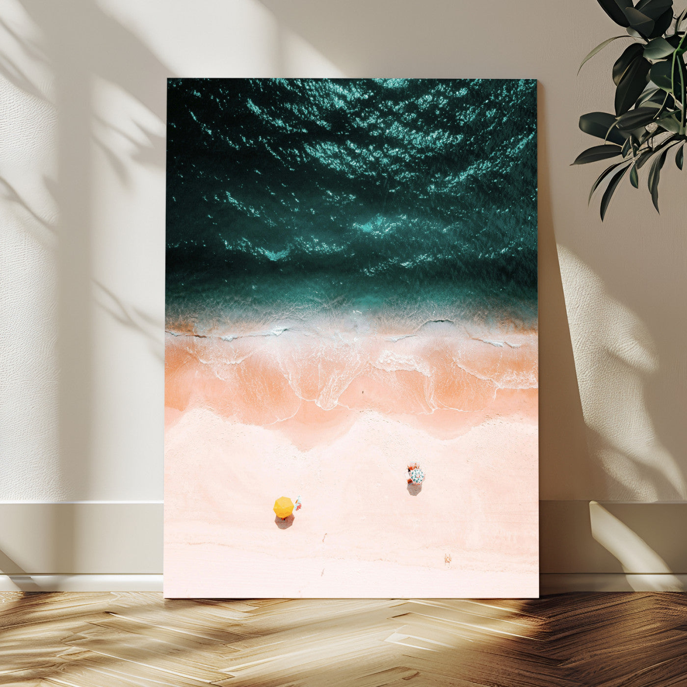 44468317-MGV-CV-24X36-Aerial Serenity Wall Art Canvas Print – Gentle Waves Peach Shore Yellow Umbrella Peaceful Beach Coastal Decor Artwork for Home