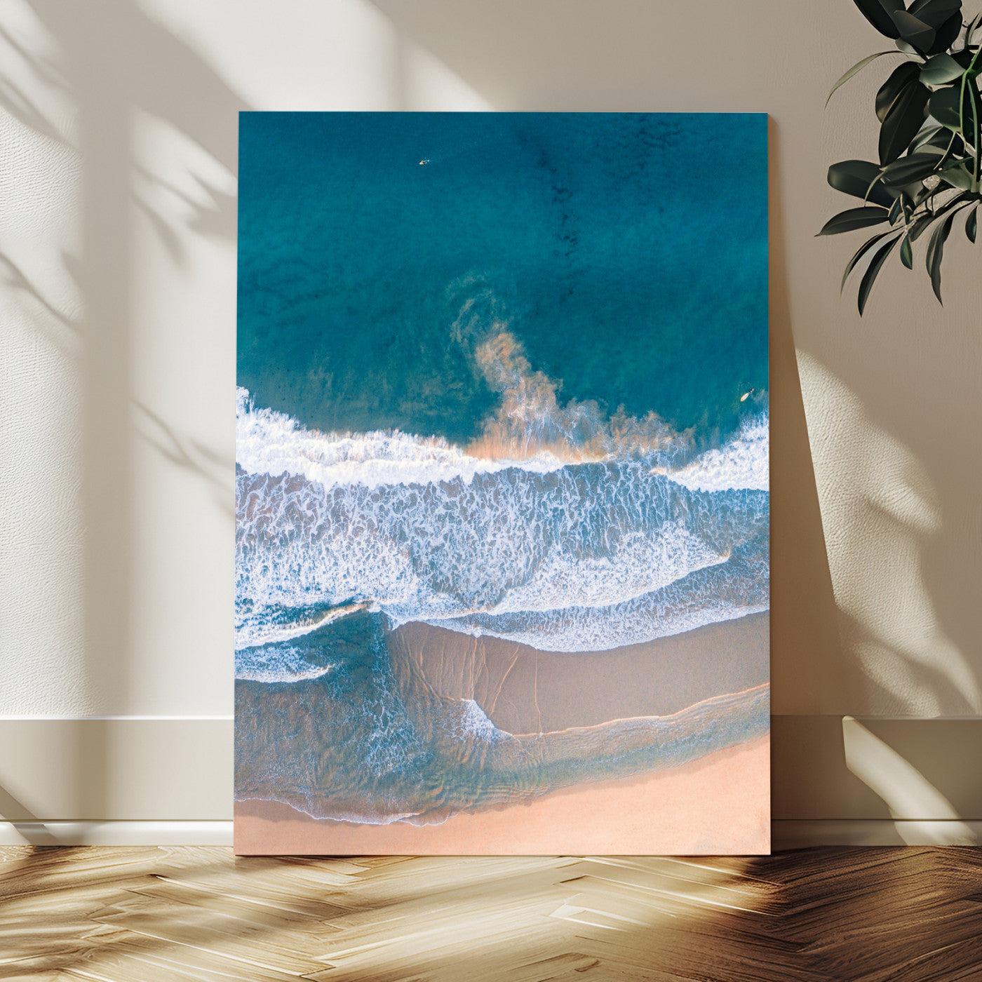 97740681-MGV-CV-24X36-Aerial Beach View Wall Art Canvas Print – Framed Ocean Waves Coastal Serenity Minimalist Seascape Artwork for Home, Office
