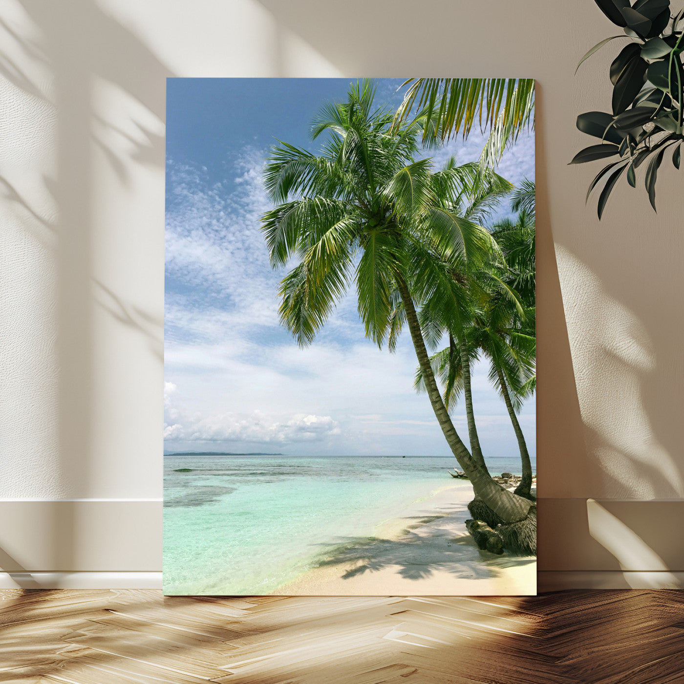 80489589-MGV-CV-24X36-Tropical Beach Palm Trees Canvas Print – Framed Island Coastal Wall Art Bright Ocean Horizon Photography for Home, Office