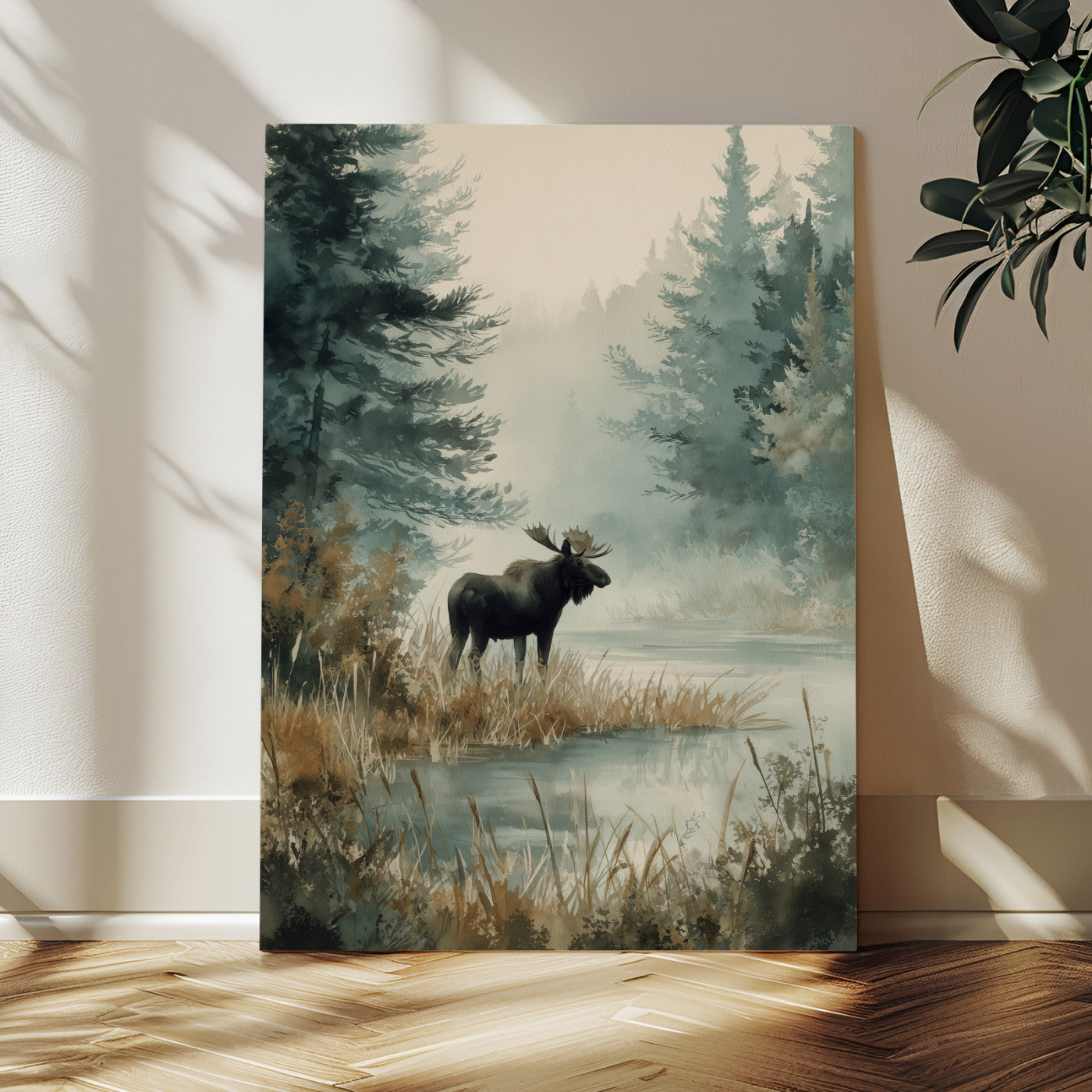78345154-MGV-CV-24X36 - Watercolor Abstract Moose Forest Wall Art Canvas Print – Wildlife Nature Artwork Print for Living Room, Cabin, and Office Decor