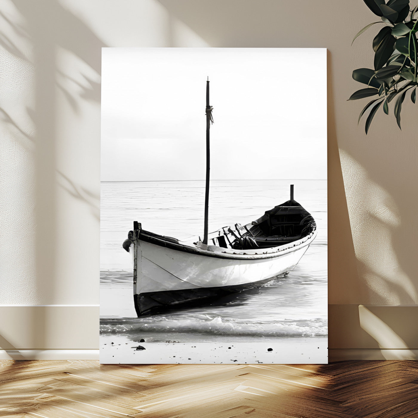 13080776-MGV-CV-24X36 - Minimal Boat Wall Art Canvas Print – Black and White Coastal Photography Artwork Print for Living Room, Bedroom, and Office Decor