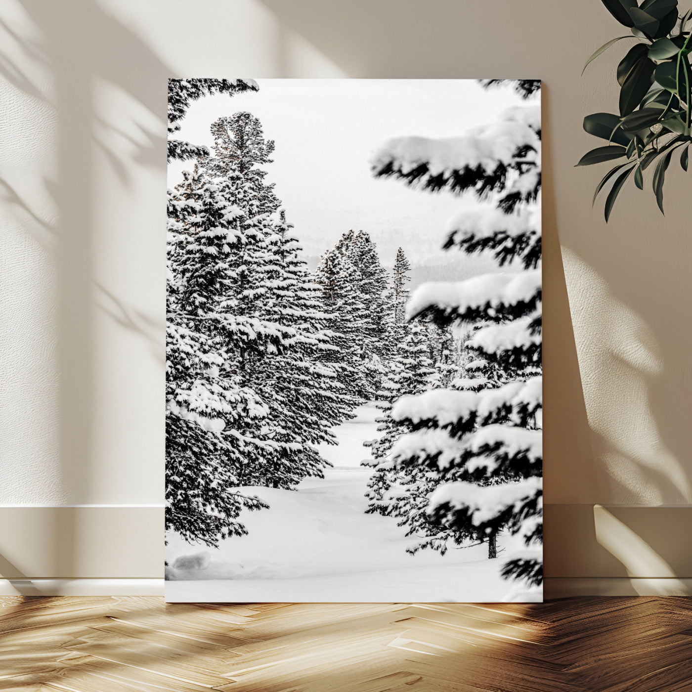 42534505-MGV-CV-24X36 - Snowy Pine Forest Wall Art Canvas Print, Minimal Winter Woodland Landscape, Black and White Nature Artwork