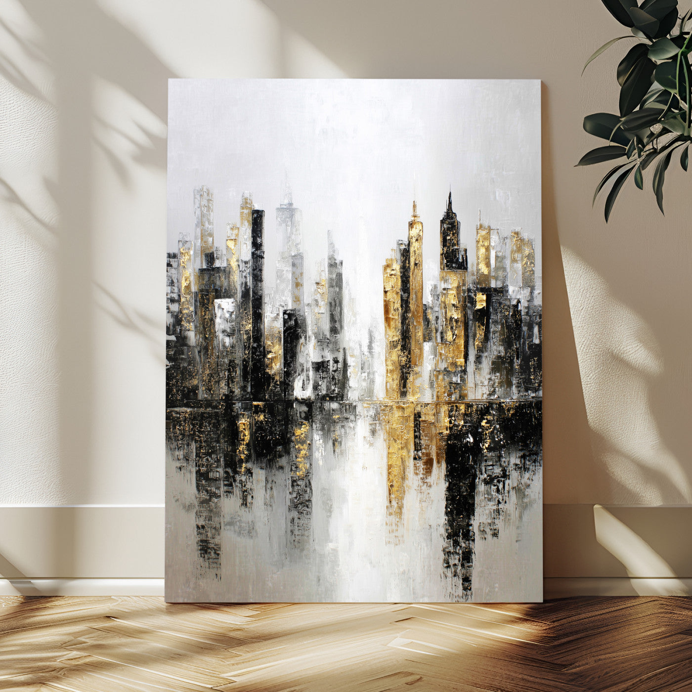 38126217-MGV-CV-24X36 - Abstract Urban Reflection Wall Art Canvas Print, Gold Black Modern Architecture Canvas Print, Contemporary Moody City Artwork for Living Room Decor