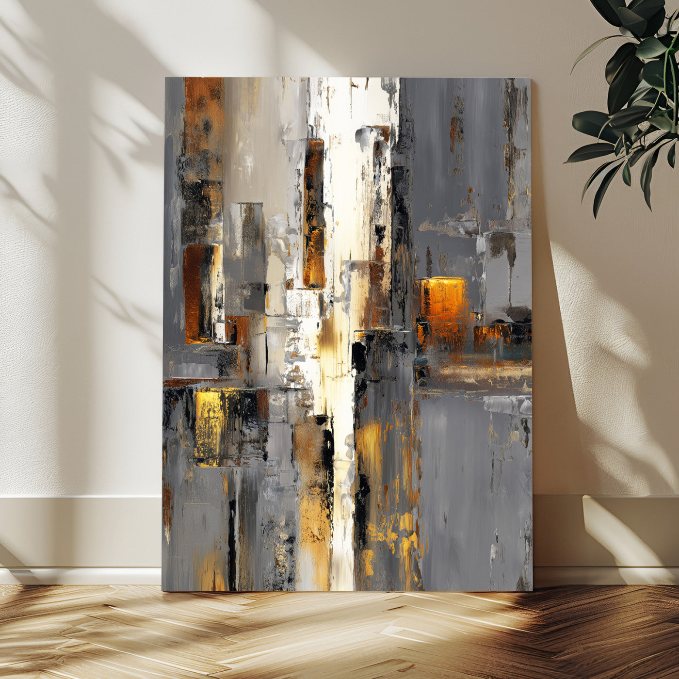 35992080-MGV-CV-24X36 - Abstract Urban Reflection Wall Art Canvas Print, Gold Black Modern Architecture Canvas Print, Contemporary Moody City Artwork for Living Room Decor