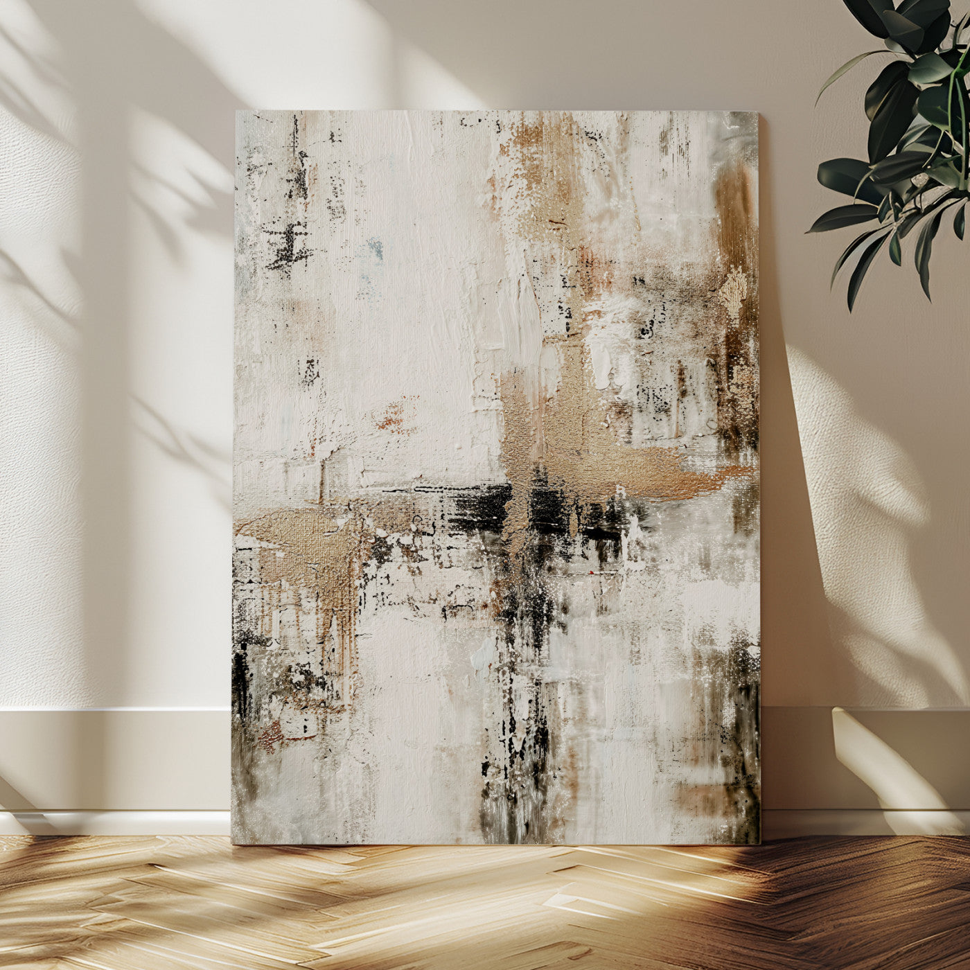 381262454-MGV-CV-24X36 - Neutral Abstract Wall Art Canvas Print, Beige Black Textured Modern Canvas Print, Minimalist Contemporary Artwork for Living Room Decor