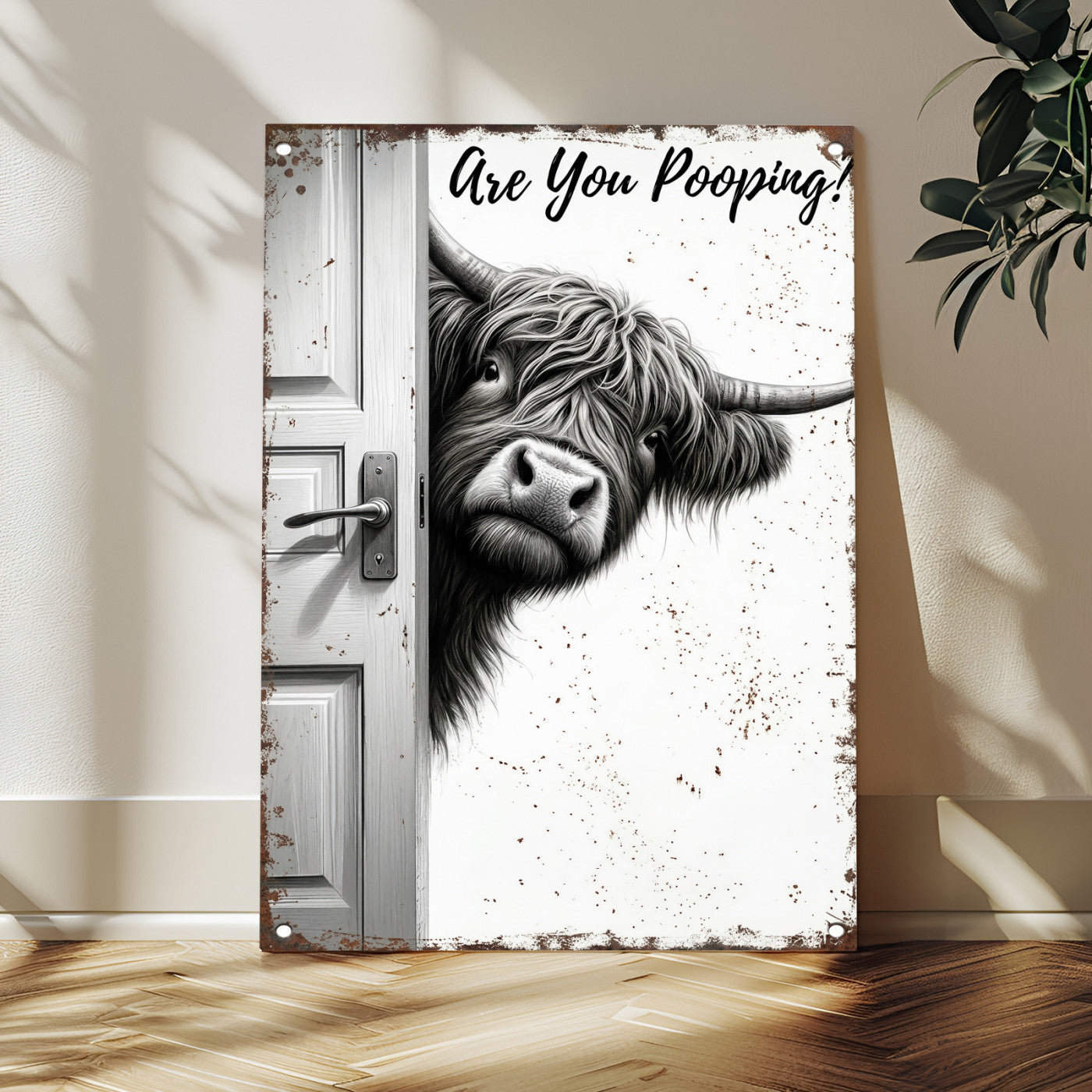 8151788G6-MGV-CV-24X36 - Funny Highland Cow Bathroom Wall Art Canvas Print, Are You Pooping Cow Sign, Rustic Farmhouse Bathroom Decor