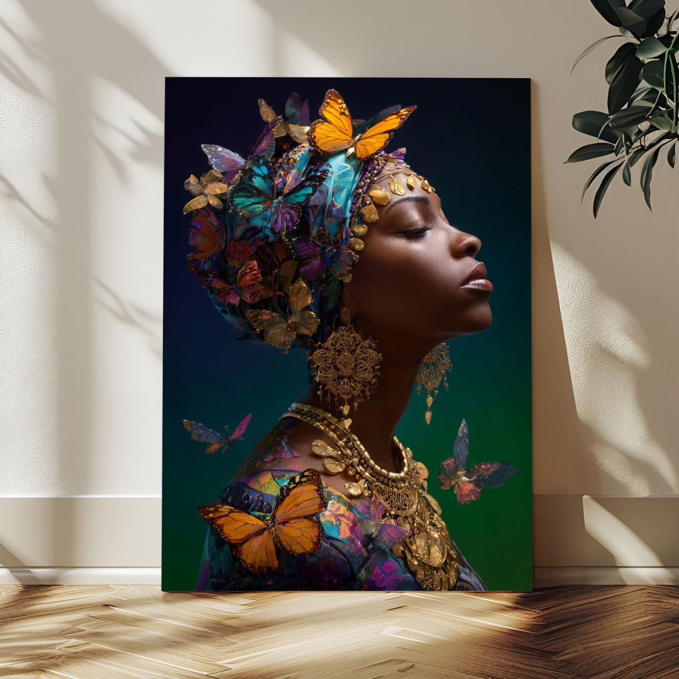 620930SZC0-MGV-CV-24X36 - Butterfly Crown Gold Woman Portrait — Monarch Queen Canvas Print | Teal Dark Fantasy Art | Boho Bedroom Wall Decor | Empowerment Gift Her