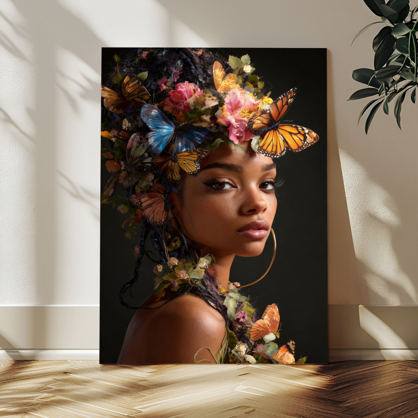 620930SZC10-MGV-CV-24X36 - Butterfly Crown Gold Woman Portrait — Monarch Queen Canvas Print | Teal Dark Fantasy Art | Boho Bedroom Wall Decor | Empowerment Gift Her