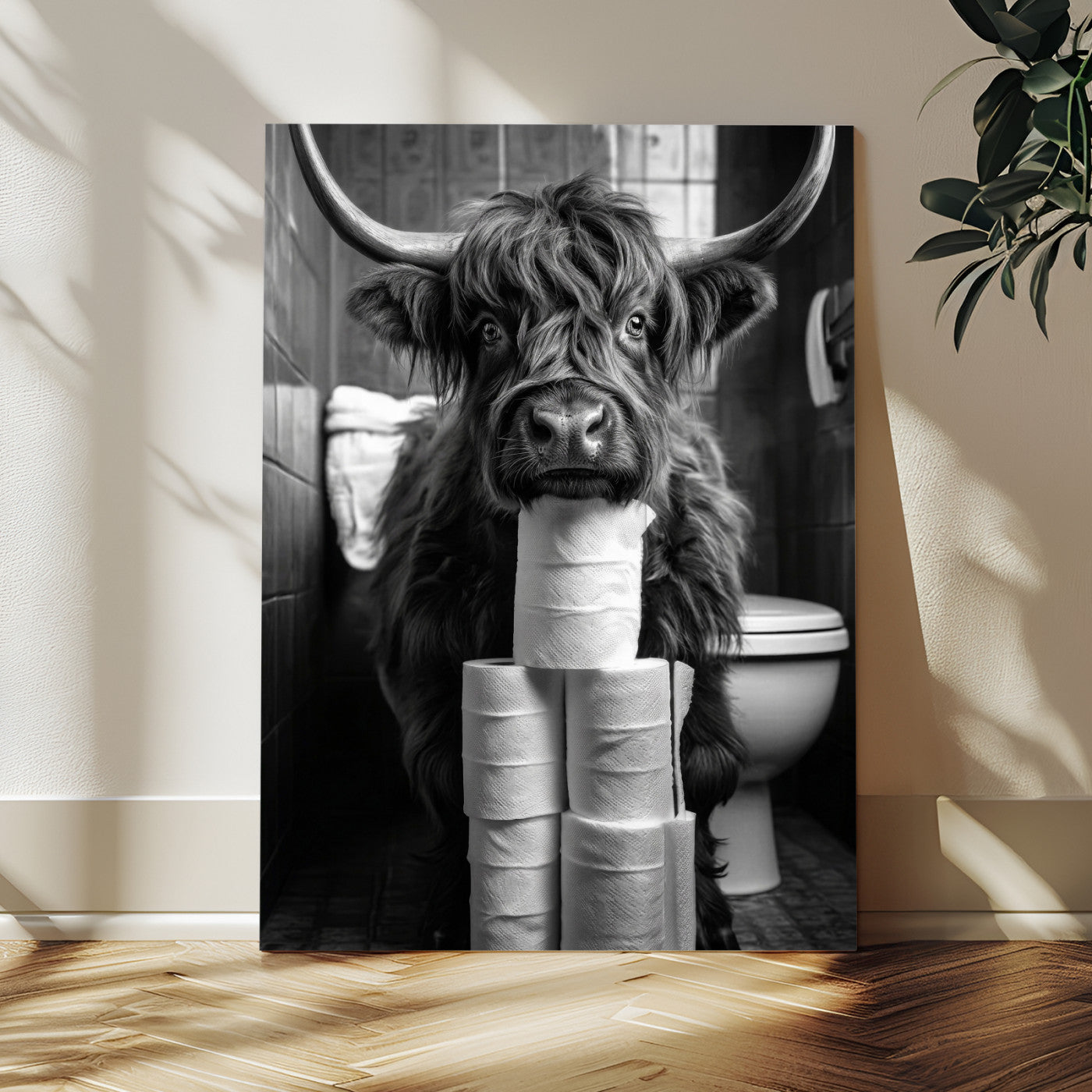 95909209-MGV-CV-24X36 - Highland Cow Toilet Paper Canvas Wall Art, Funny Bathroom Black White Print, Cute Animal Humor Decor, Quirky Farmhouse Bathroom Art, Cow Lover Gift