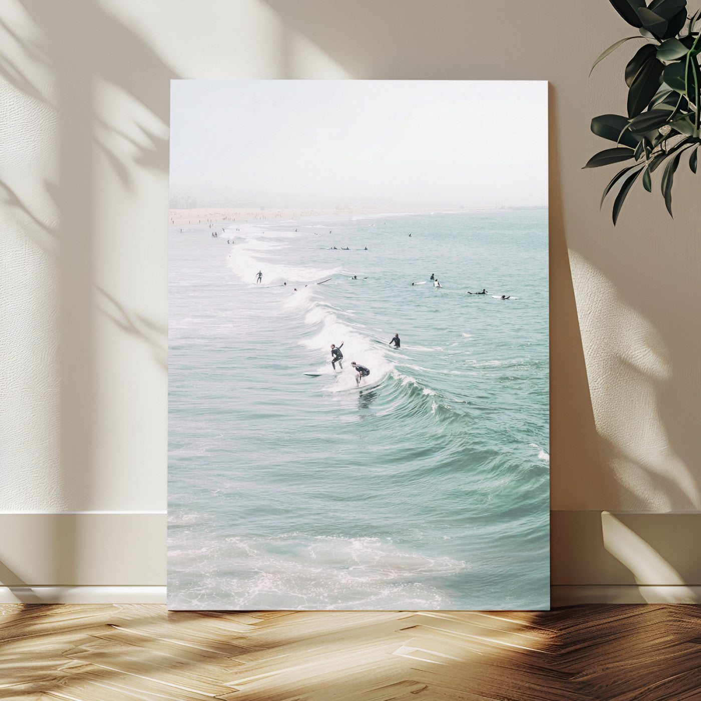 58043762-MGV-CV-24X36 - Surfers on Waves Canvas Wall Art, Aerial Ocean Photography Print, Mint Green Surf Decor, California Beach House Art, Coastal Sports Wall Decor