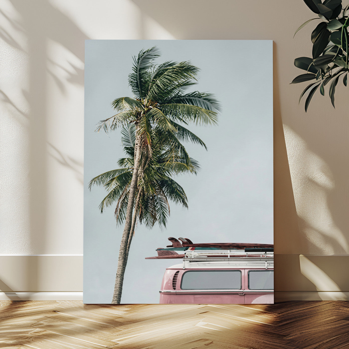 73117797-MGV-CV-24X36 - VW Van Palm Tree Canvas Wall Art, Pink Camper Surfboards Beach Print, Retro Surf Photography Decor, Coastal Boho Wall Art, Surfer Gift Idea