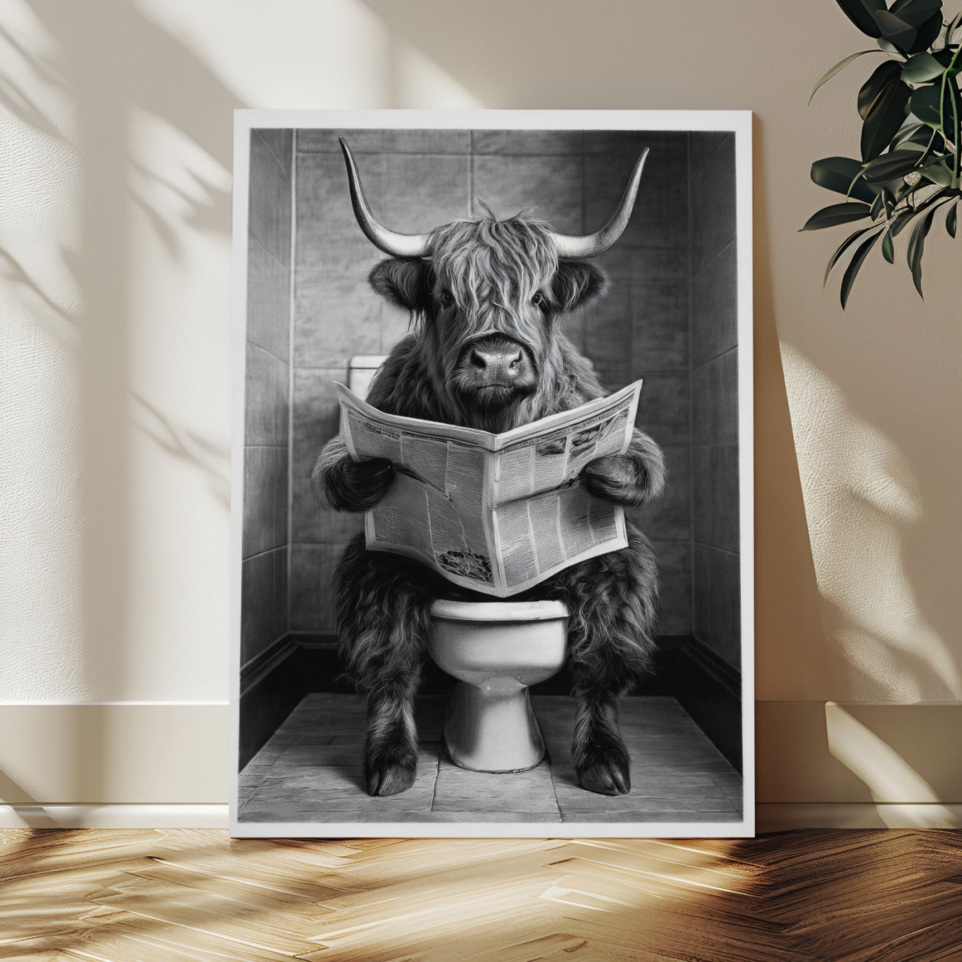 56930218-MGV-CV-24X36 - Funny Bathroom Canvas Wall Art, Texas Longhorn on Toilet Reading Newspaper, Humor Animal Print, Farmhouse Bathroom Decor, Quirky Cow Gift, Toilet Room Art