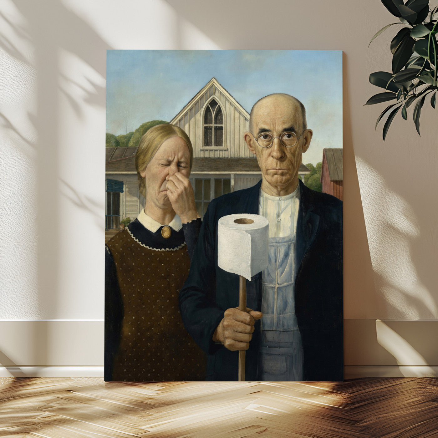 46805085-MGV-CV-24X36 - Funny Bathroom Canvas Wall Art, Grant Wood American Gothic Toilet Paper Parody Print, Humor Bathroom Decor, Classic Art Spoof, Quirky Housewarming Gift