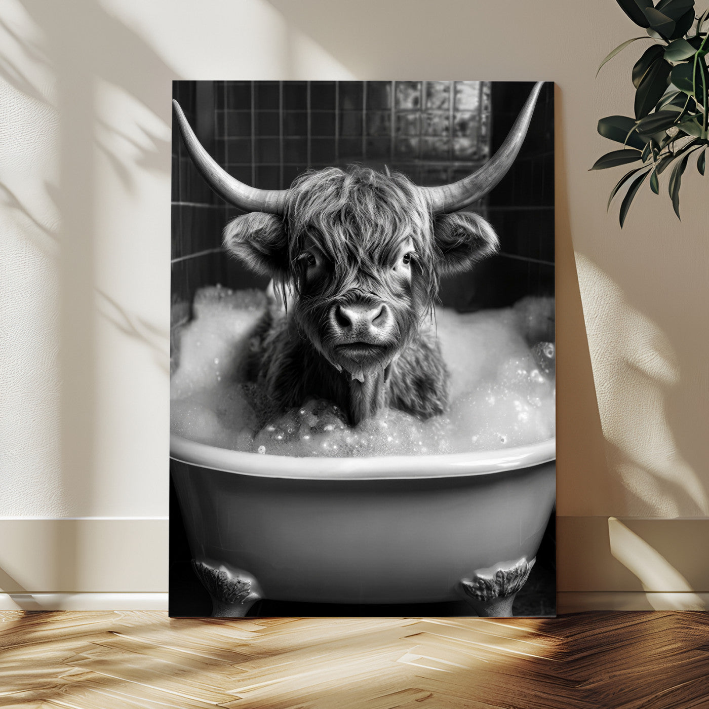 44020264-MGV-CV-24X36 - Highland Cow Bathtub Canvas Wall Art, Funny Bathroom Print Black White, Grumpy Cow Bubble Bath Decor, Animal Bathroom Art, Farmhouse Humor Print, Cute Cow Gift