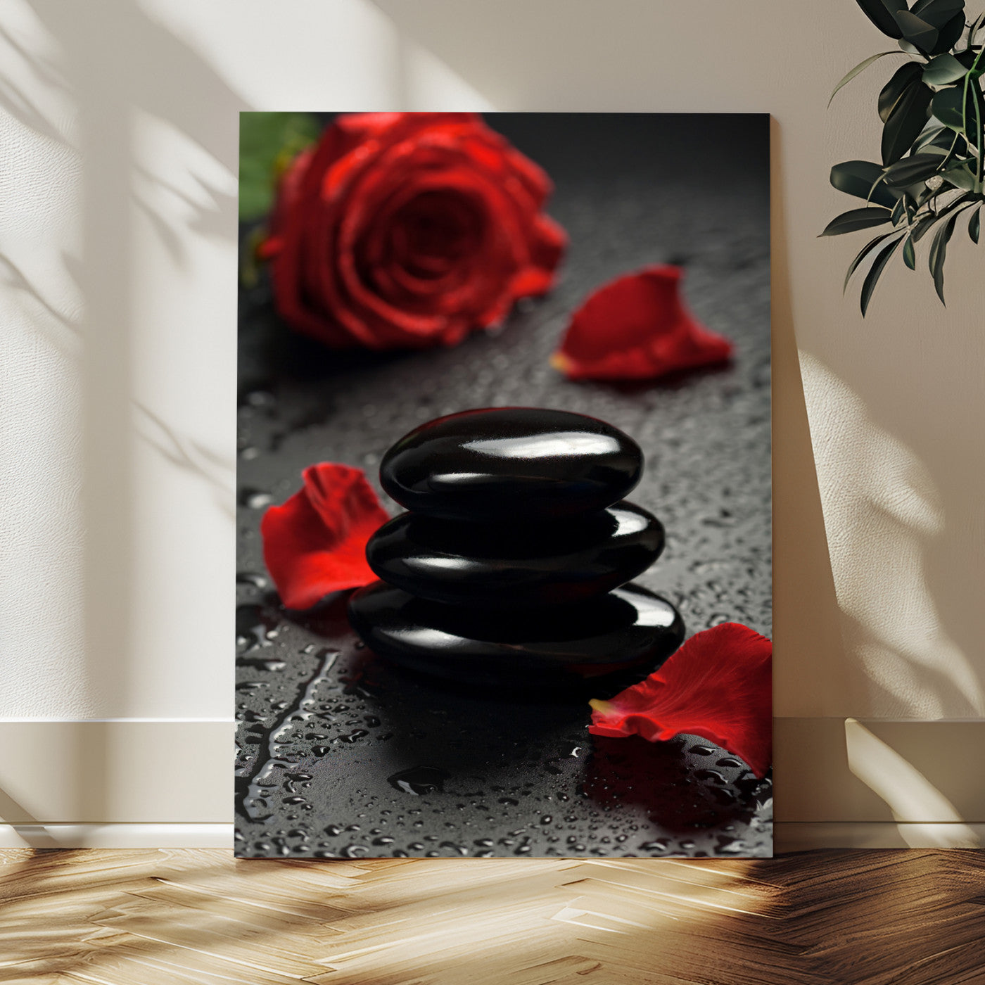 37334763-MGV-CV-24X36 - Black Lava Stone Rose Canvas | Red Rose Spa Photography Print | Stacked Stones Dark Luxury Wall Art | Dramatic Bathroom Decor
