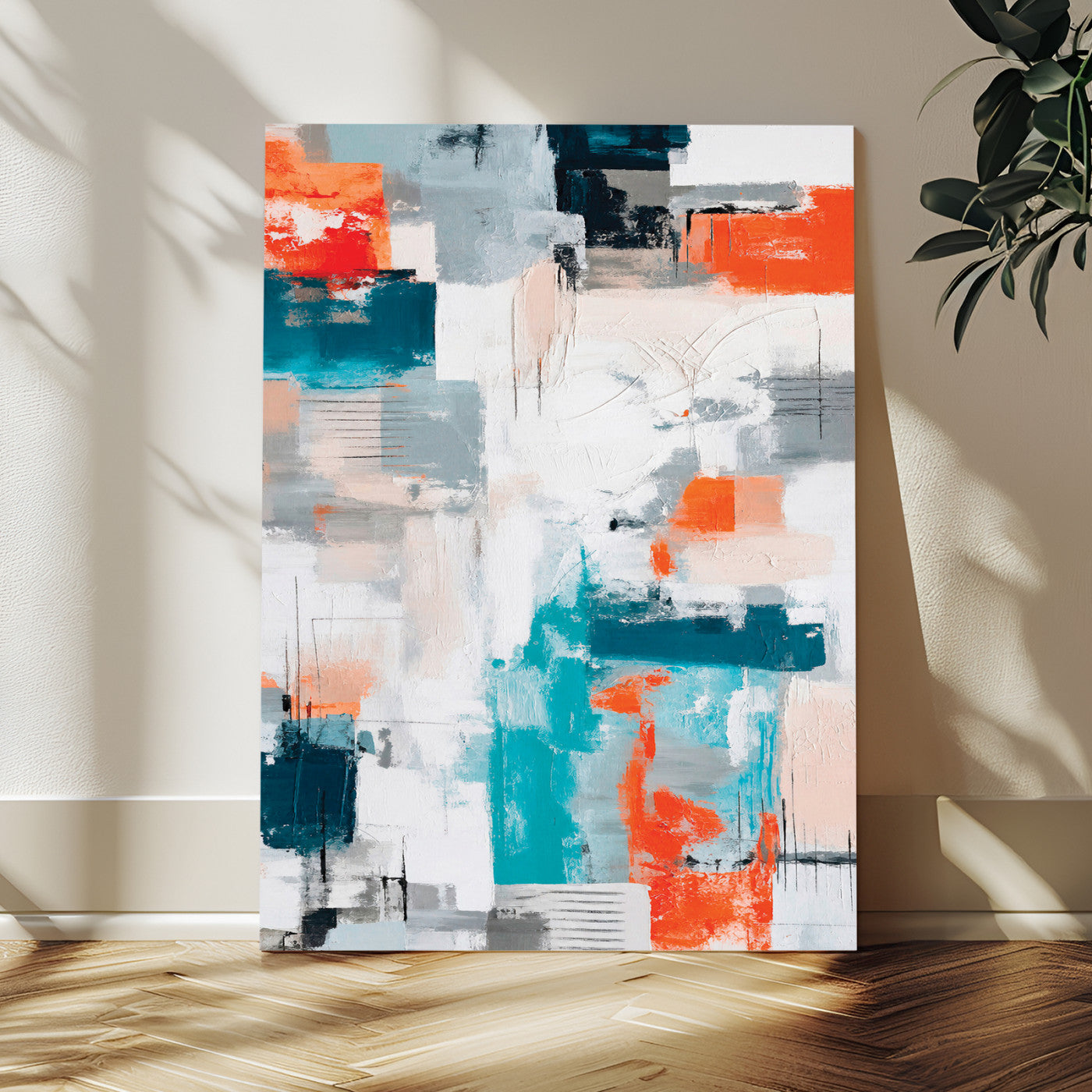 39825760-MGV-CV-24X36 - Blue Teal Abstract Canvas Wall Art - Modern Textured Painting Print, Navy Orange White Contemporary Art, Neutral Living Room Decor, Office Art