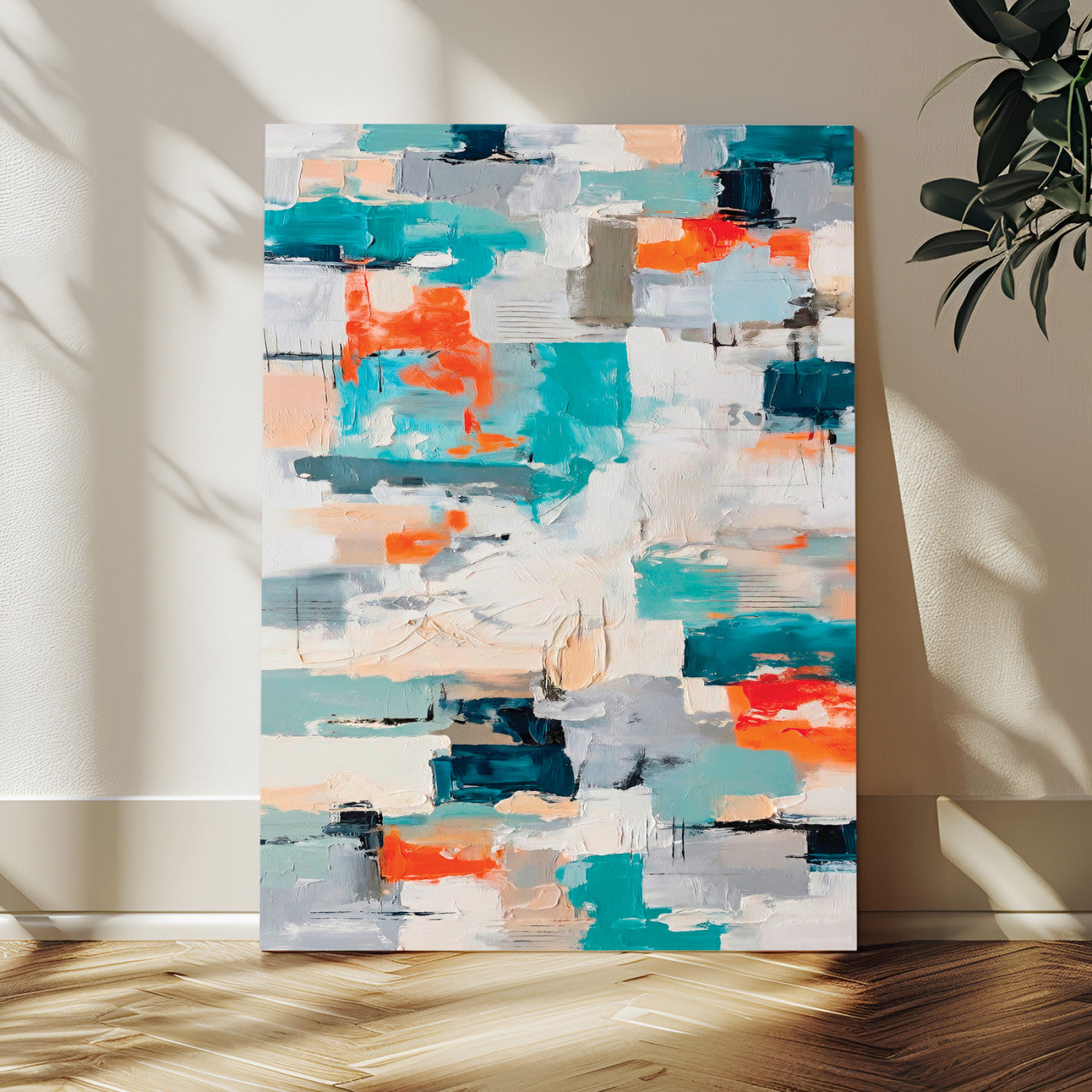 74742966-MGV-CV-24X36 - Blue Teal Abstract Canvas Wall Art - Modern Textured Painting Print, Navy Orange White Contemporary Art, Neutral Living Room Decor, Office Art