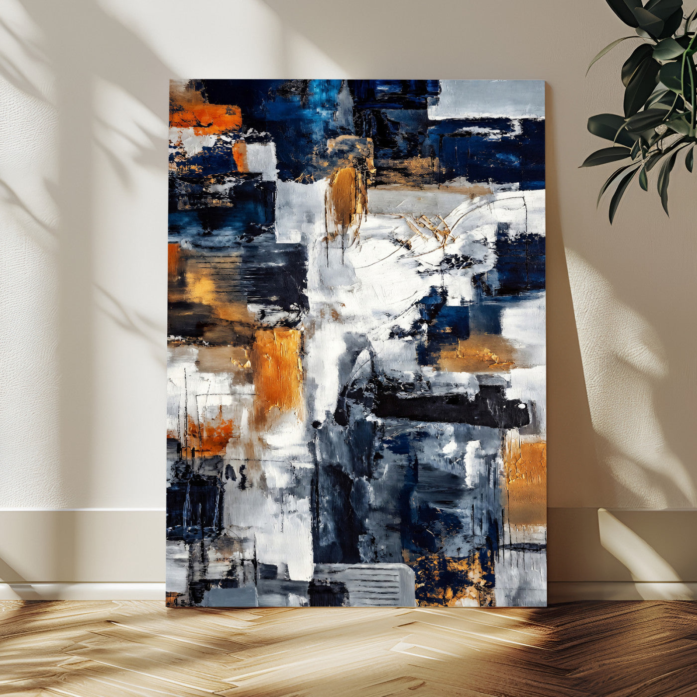 85264820-MGV-CV-24X36 - Blue Teal Abstract Canvas Wall Art - Modern Textured Painting Print, Navy Orange White Contemporary Art, Neutral Living Room Decor, Office Art