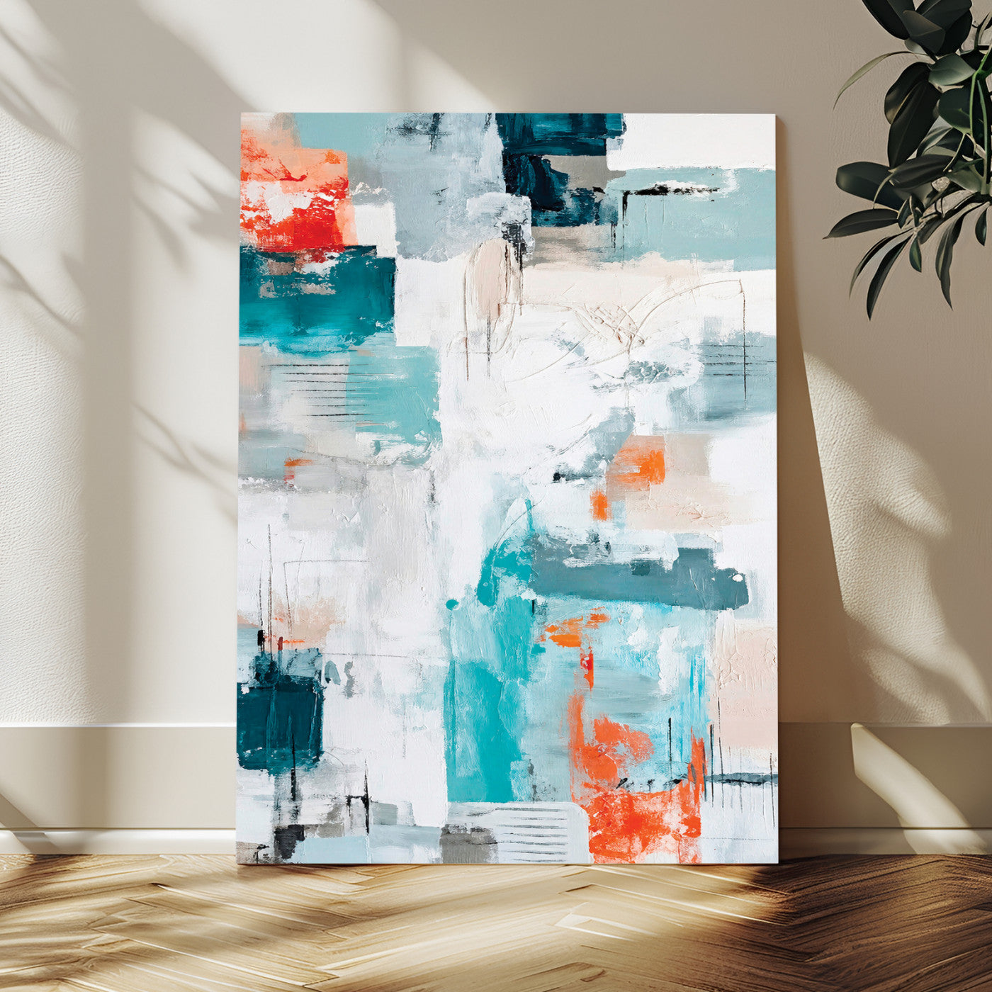 47011485-MGV-CV-24X36 - Blue Teal Abstract Canvas Wall Art, Modern Textured Painting Print, Navy Orange White Contemporary Art, Neutral Living Room Decor, Office Art