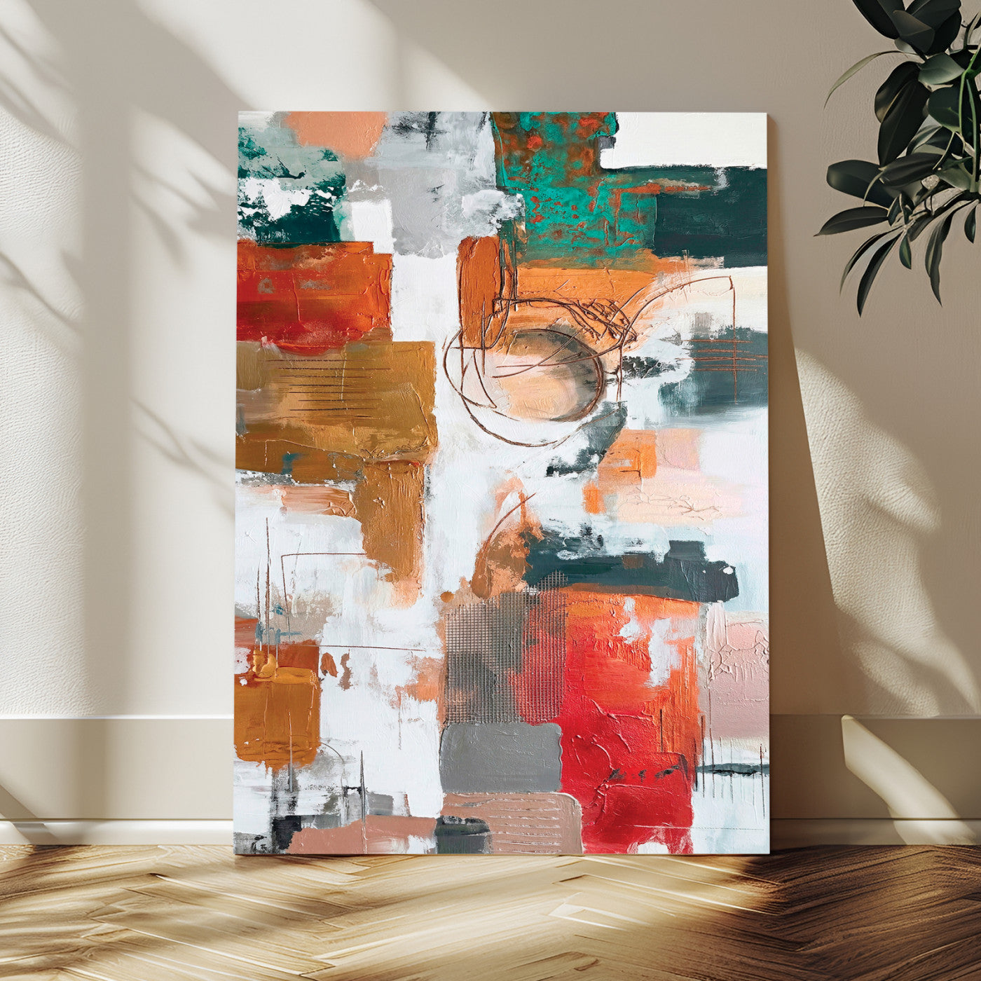 71530836-MGV-CV-24X36 - Blue Teal Abstract Canvas Wall Art | Modern Textured Painting Print, Navy Orange White Contemporary Art, Neutral Living Room Decor, Office Art