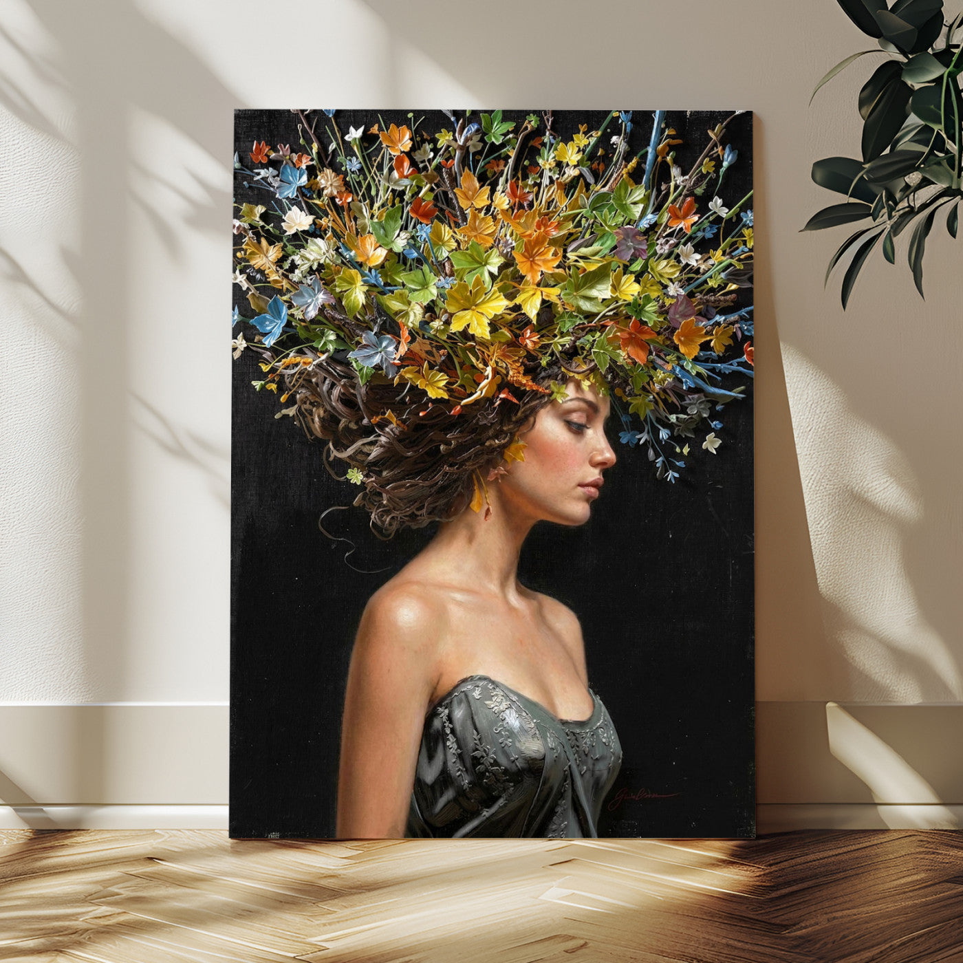 67932423-MGV-CV-24X36 - Surreal Woman Floral Canvas Wall Art Goddess Portrait Oil Painting Print