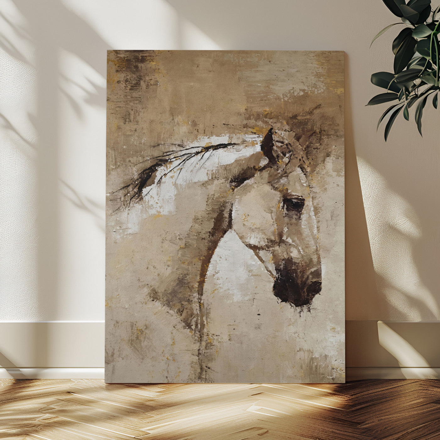 48488295-MGV-CV-24X36 - Rustic Horse Canvas Wall Art Neutral Tone Equestrian Oil Painting Print