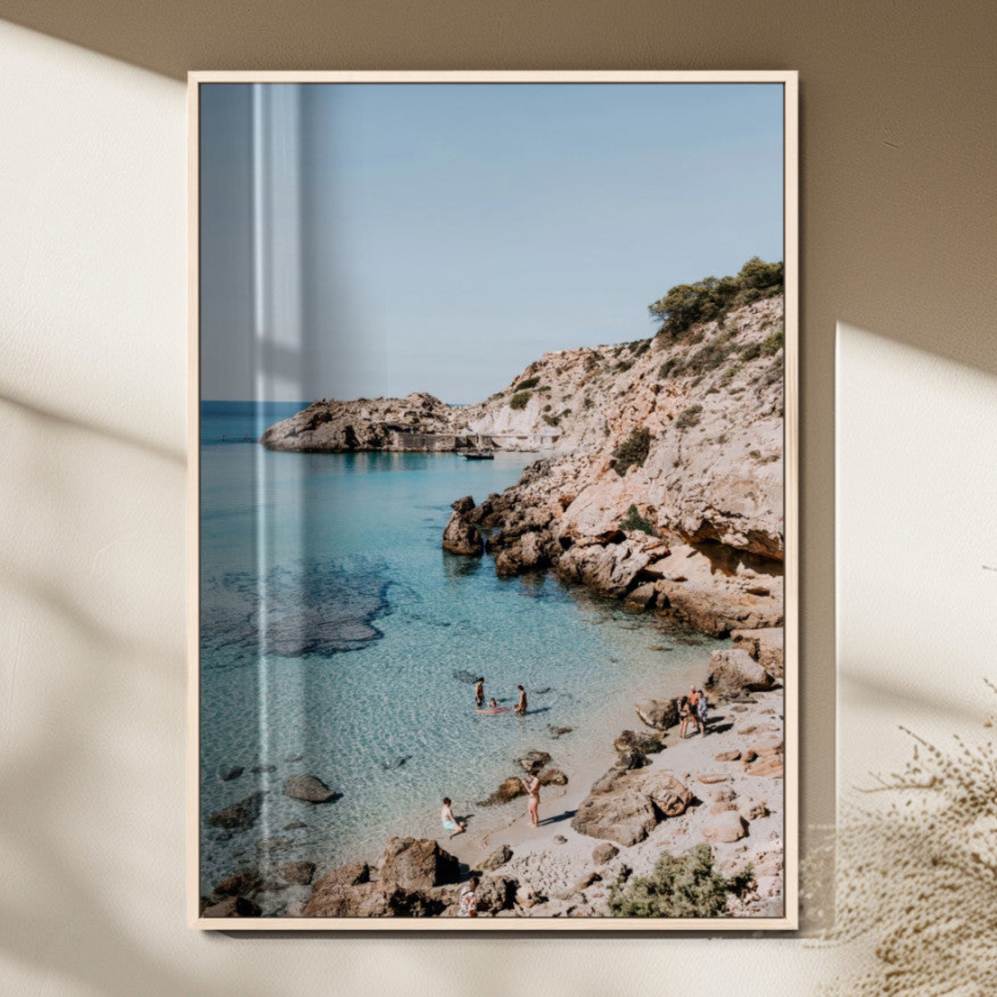 97854283-MGV-FP-48X32-3P_Natural-Turquoise Cove Wall Art Canvas Print – Framed Ibiza Beach Mediterranean Shore Boho Coastal Seascape Artwork for Home Office