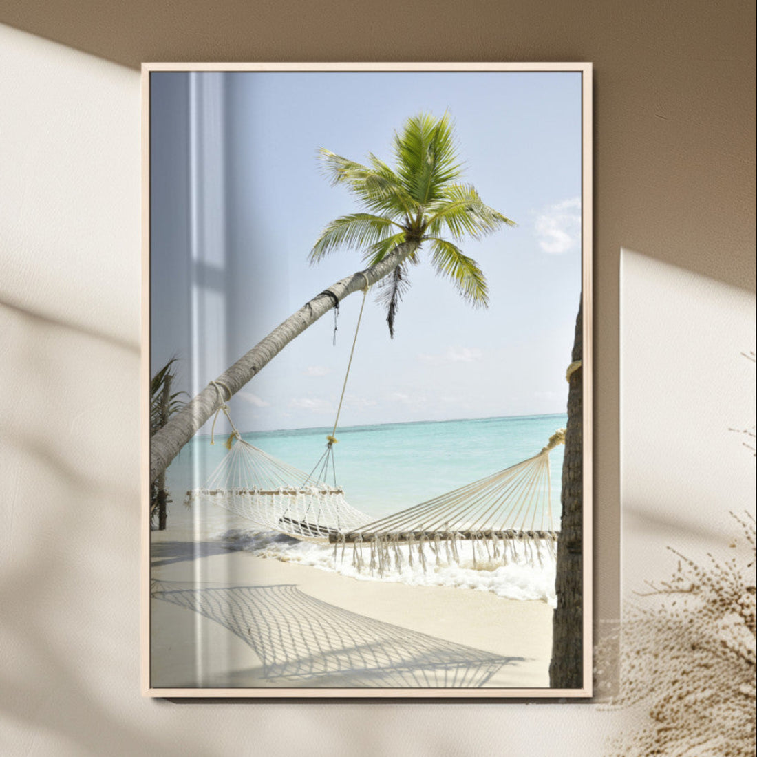 Beach Hammock Wall Art Canvas Print, Framed Tropical Paradise Art, Coastal Serenity Boho Coastal Decor
