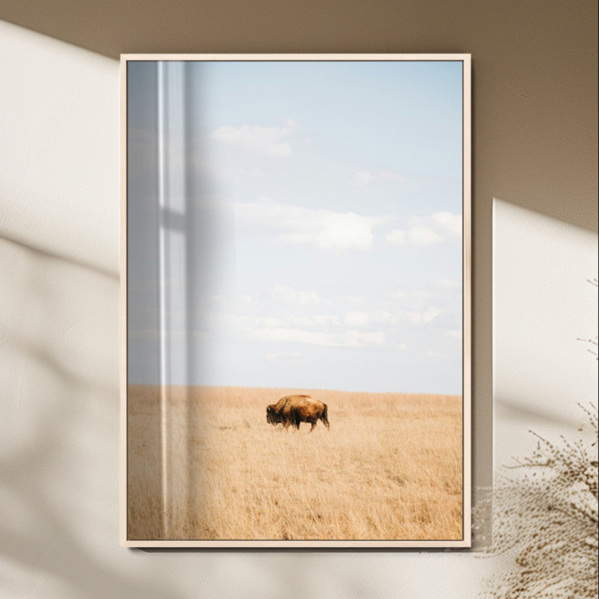 96766166-MGV-FP-48X32-3P_Natural-Minimalist Nature Wall Art Canvas Print – Framed Bison Grassland Open Field Nature Scene Artwork for Home Office