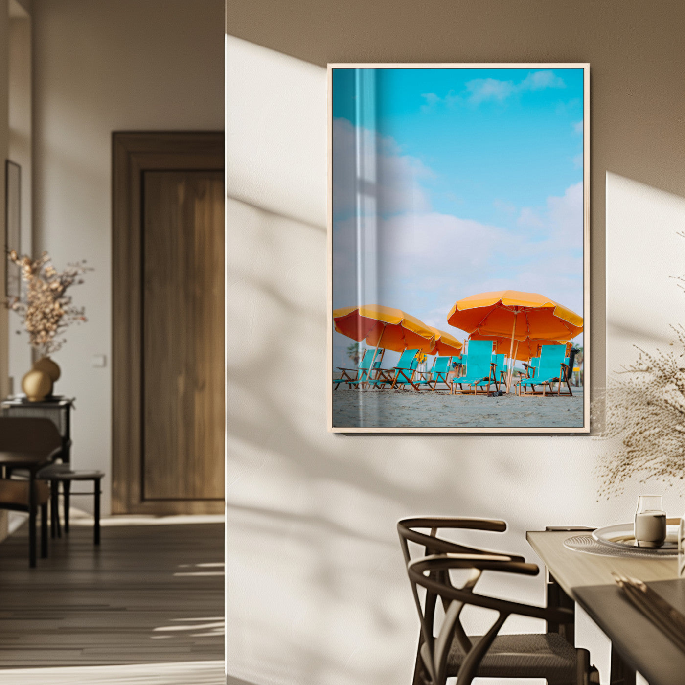 20422711-MGV-FP-48X32-3P_Natural-Beach Umbrellas Wall Art Canvas Print – Framed Tropical Coastal Paradise Nature Scene Artwork for Home Office