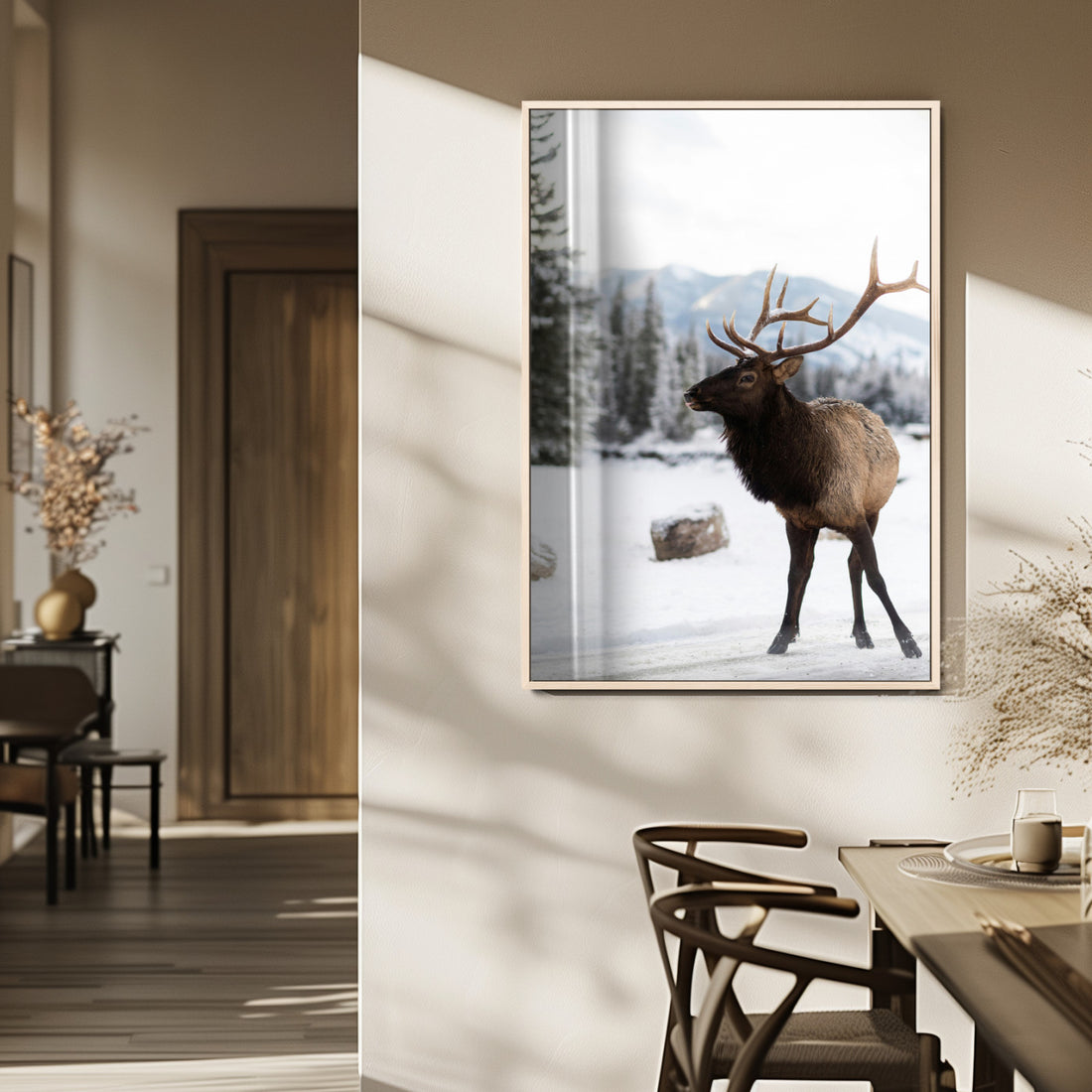 Elk Photography Wall Art Canvas Print, Framed Winter Wildlife Art, Snowy Mountains Rustic Cabin Decor