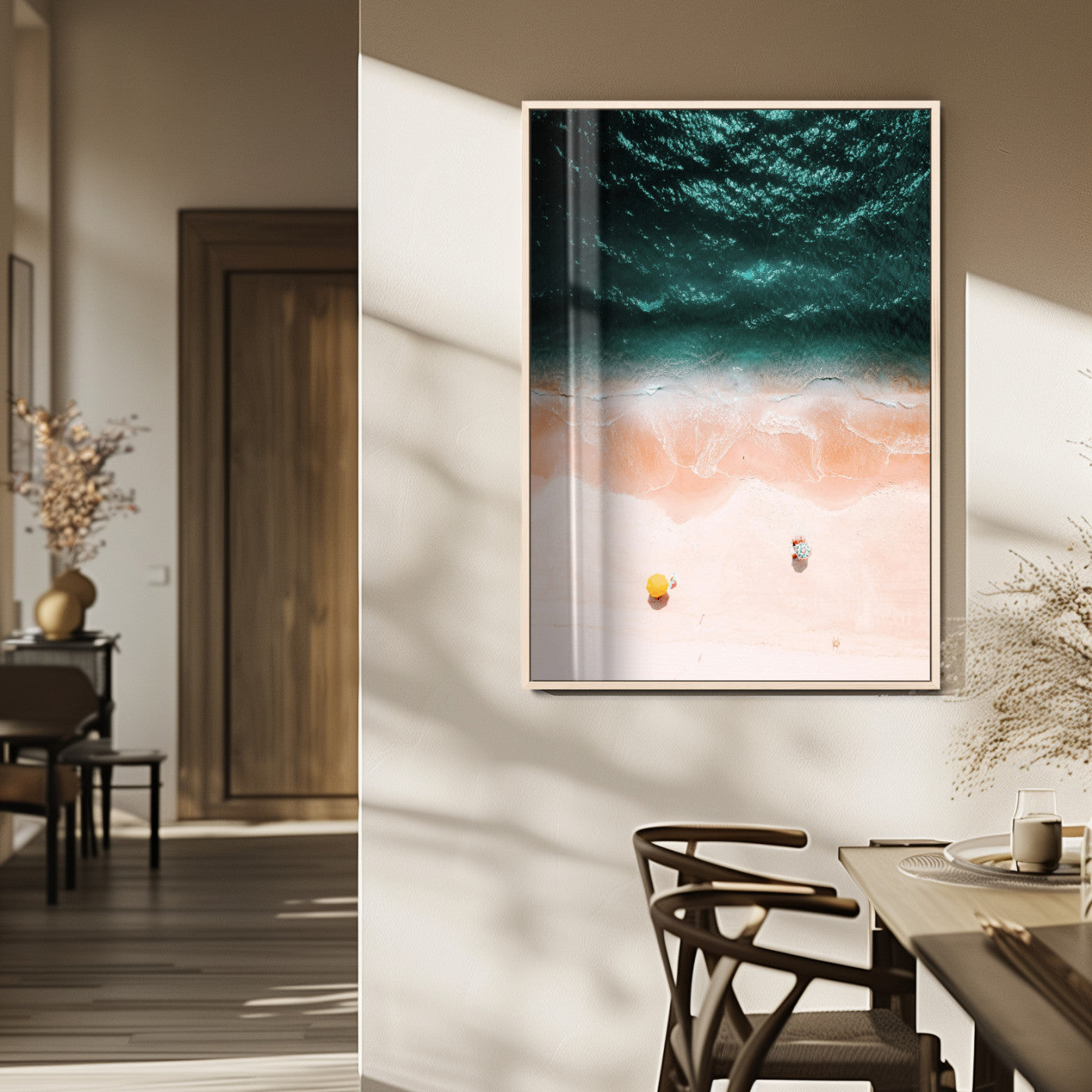 44468317-MGV-FP-48X32-3P_Natural-Aerial Serenity Wall Art Canvas Print – Gentle Waves Peach Shore Yellow Umbrella Peaceful Beach Coastal Decor Artwork for Home
