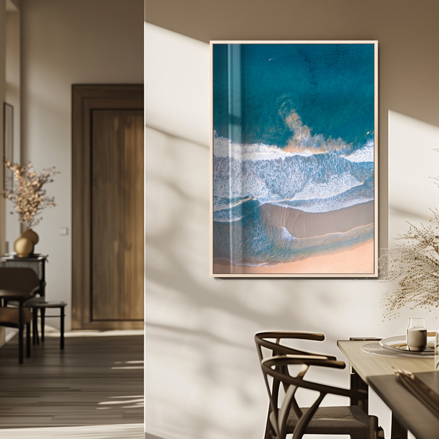 97740681-MGV-FP-48X32-3P_Natural-Aerial Beach View Wall Art Canvas Print – Framed Ocean Waves Coastal Serenity Minimalist Seascape Artwork for Home, Office