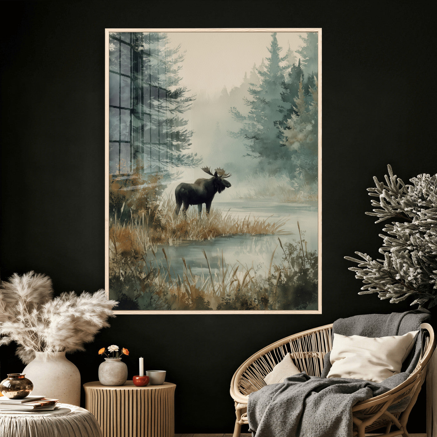 78345154-MGV-CV-24X36 - Watercolor Abstract Moose Forest Wall Art Canvas Print – Wildlife Nature Artwork Print for Living Room, Cabin, and Office Decor
