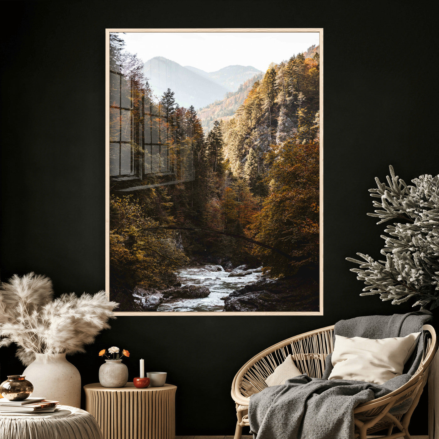 73651627-MGV-CV-24X36 - Autumn Forest Mountain Wall Art Canvas Print, Nature Landscape Wall Decor, Scenic River Forest Artwork, Rustic Woodland Canvas Wall Art, Framed Canvas Wall Art Ready to Hangq