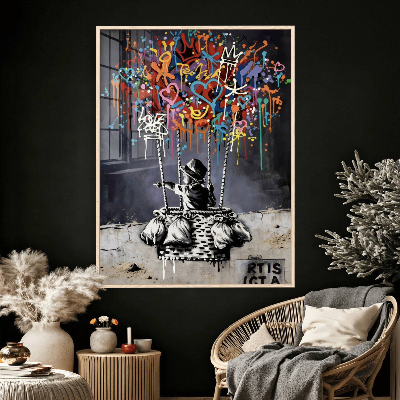 56325542-MGV-CV-24X36 - Banksy Inspired Boy Swing Wall Art Canvas Print, Graffiti Balloon Hearts Street Art, Colorful Urban Mural Artwork for Modern Living Room Decor