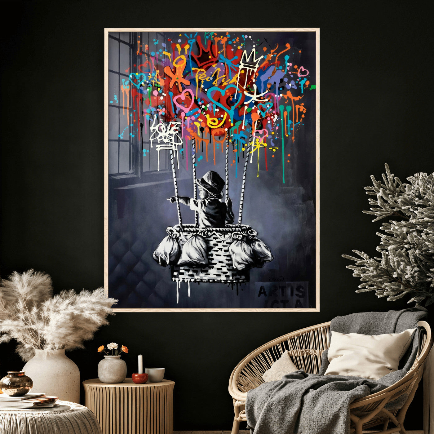 87352999-MGV-CV-24X36 - Banksy Inspired Boy Swing Wall Art Canvas Print, Graffiti Balloon Hearts Street Art, Colorful Urban Mural Artwork for Modern Living Room Decor