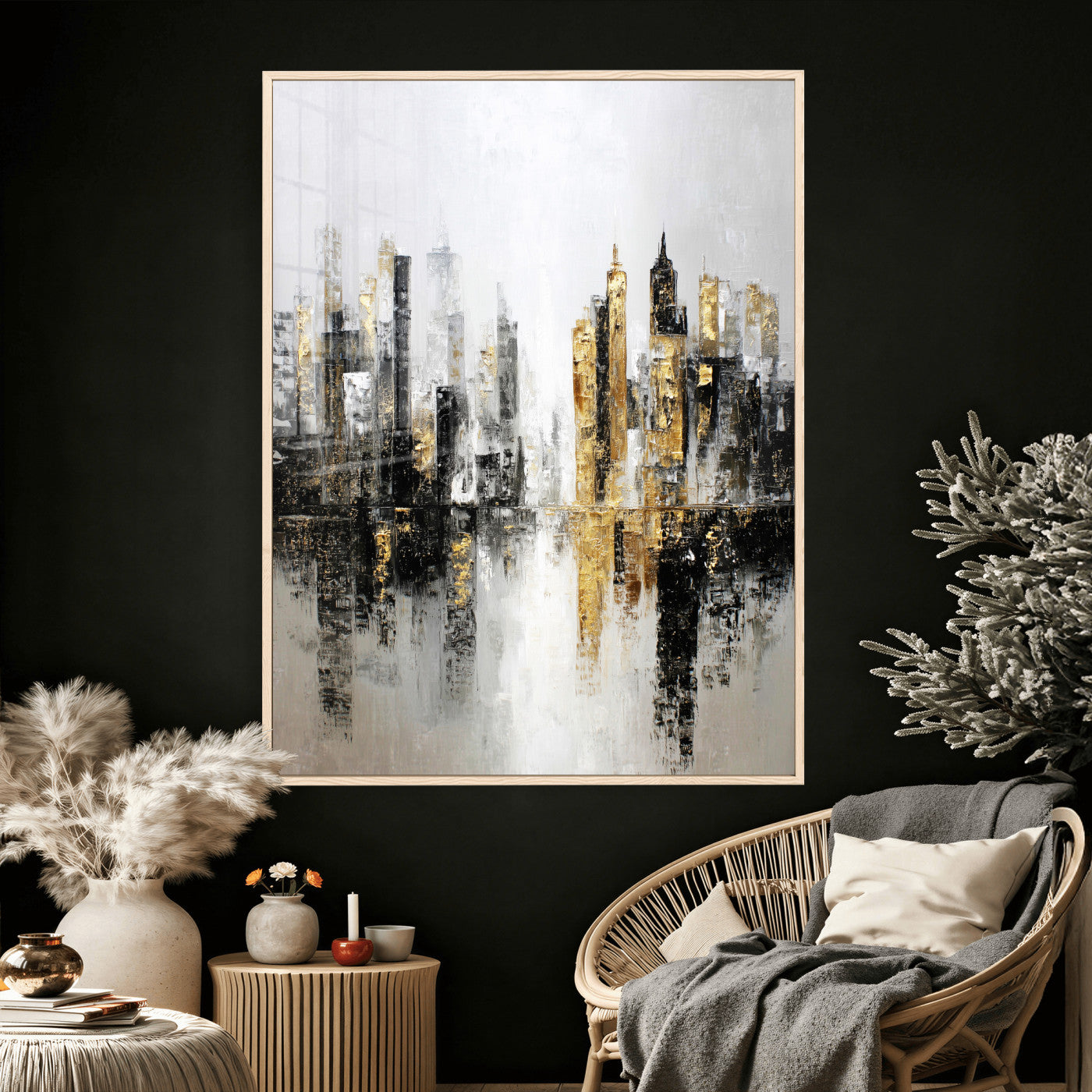38126217-MGV-CV-24X36 - Abstract Urban Reflection Wall Art Canvas Print, Gold Black Modern Architecture Canvas Print, Contemporary Moody City Artwork for Living Room Decor