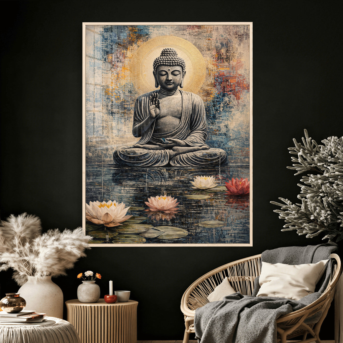 3812625445543-MGV-CV-24X36 - Serene Buddha with Lotus Flowers | Tranquil Meditation Art | Zen Wall Decor for Mindful Living Spaces | Spiritual Canvas Print