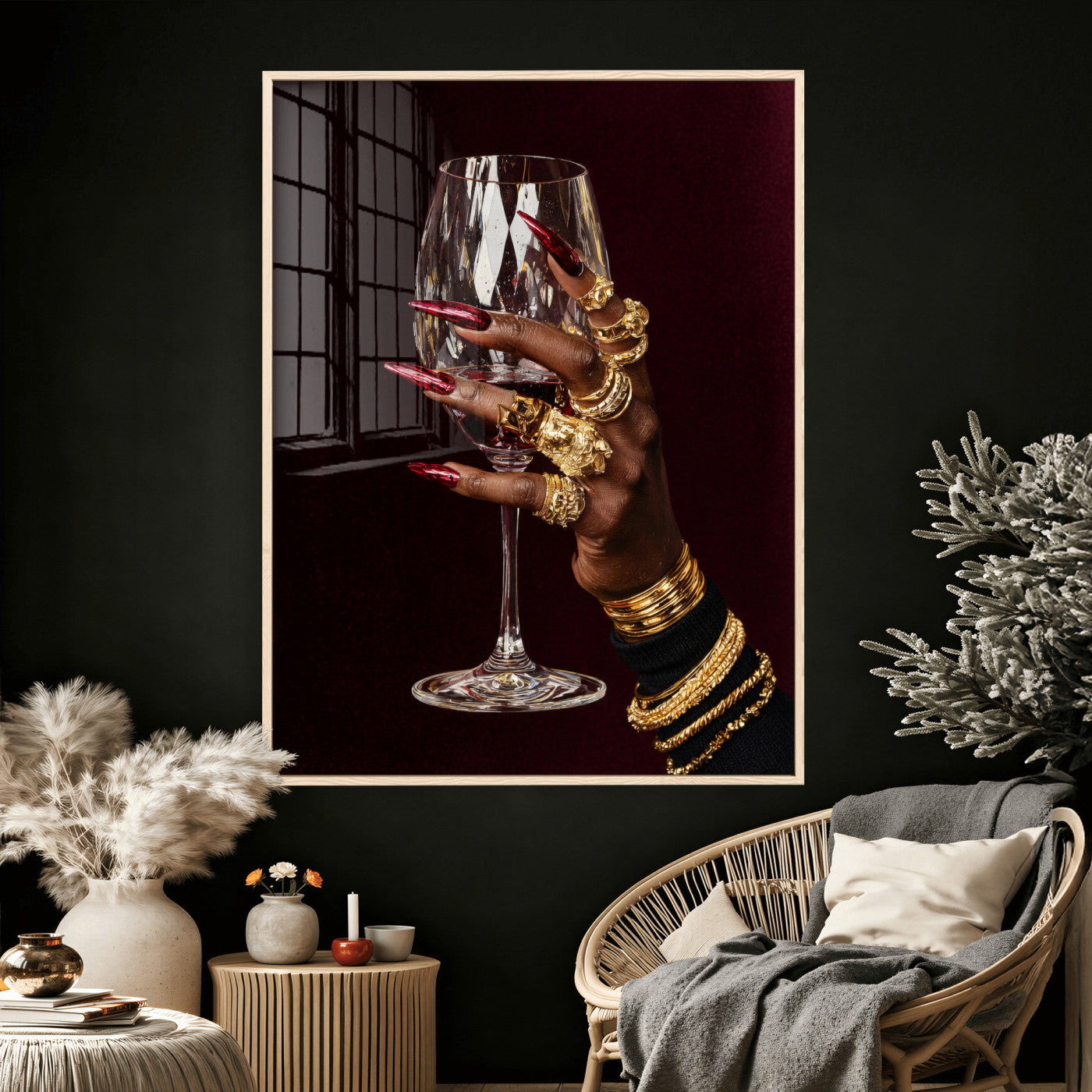 8151788Y6-MGV-CV-24X36 - Black Woman Holding Elegant Wine Glass Art, Black Girl Art, Black Woman Art, Trendy Black Girl Wall Art