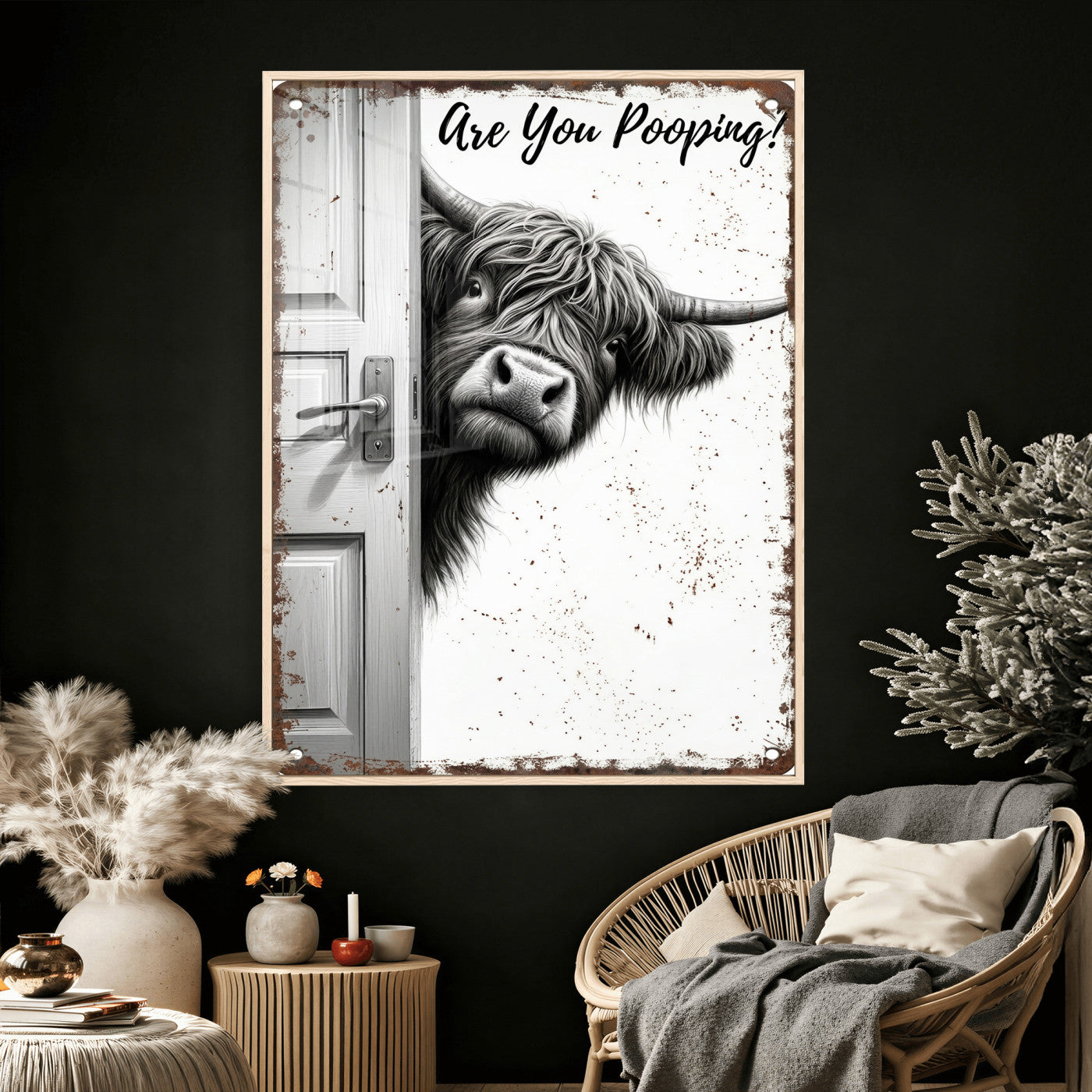 8151788G6-MGV-CV-24X36 - Funny Highland Cow Bathroom Wall Art Canvas Print, Are You Pooping Cow Sign, Rustic Farmhouse Bathroom Decor