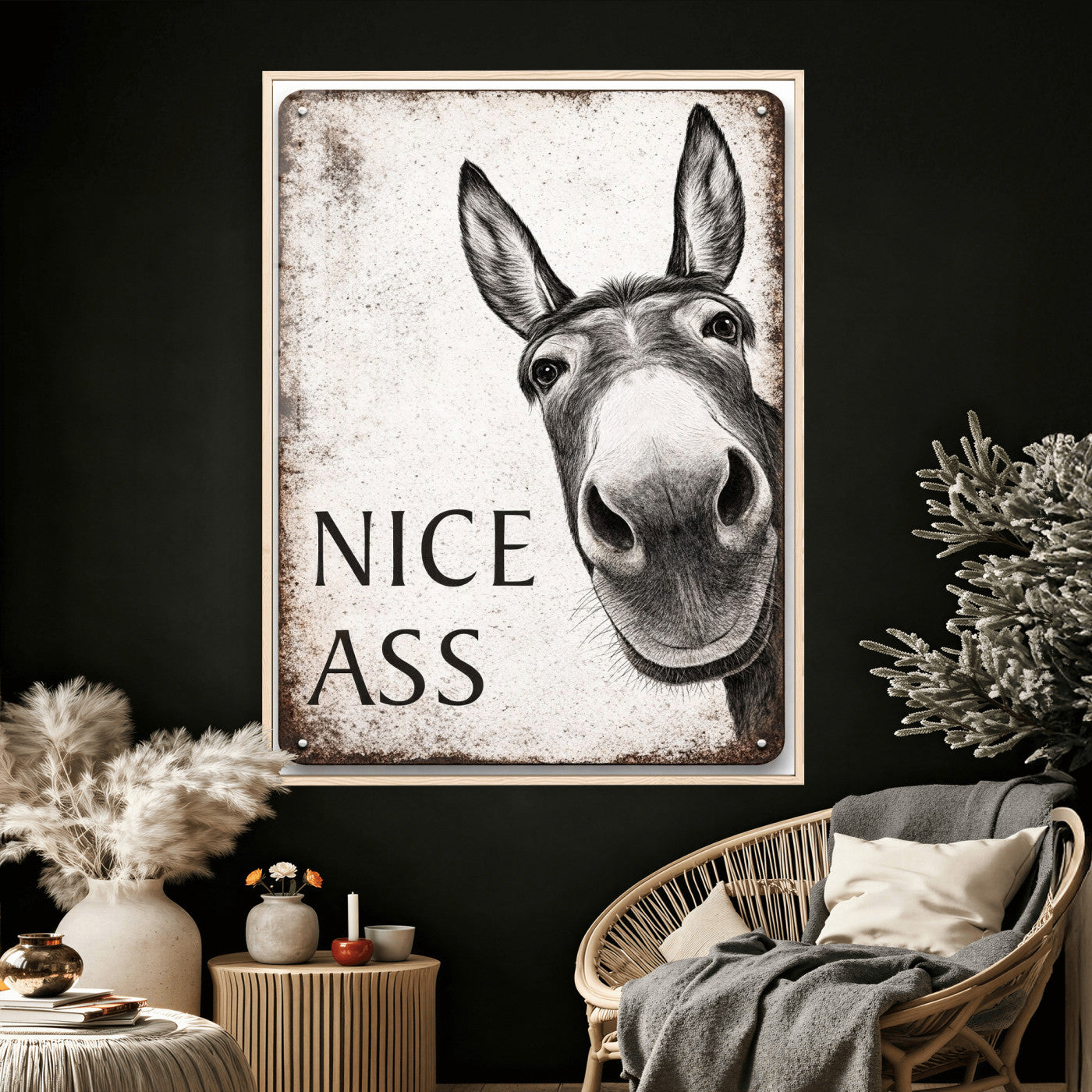 8151788R6-MGV-CV-24X36 - Funny Donkey Bathroom Wall Art Canvas Print, Nice Ass Farm Animal Sign, Rustic Farmhouse Humor Decor, Toilet Wall Art