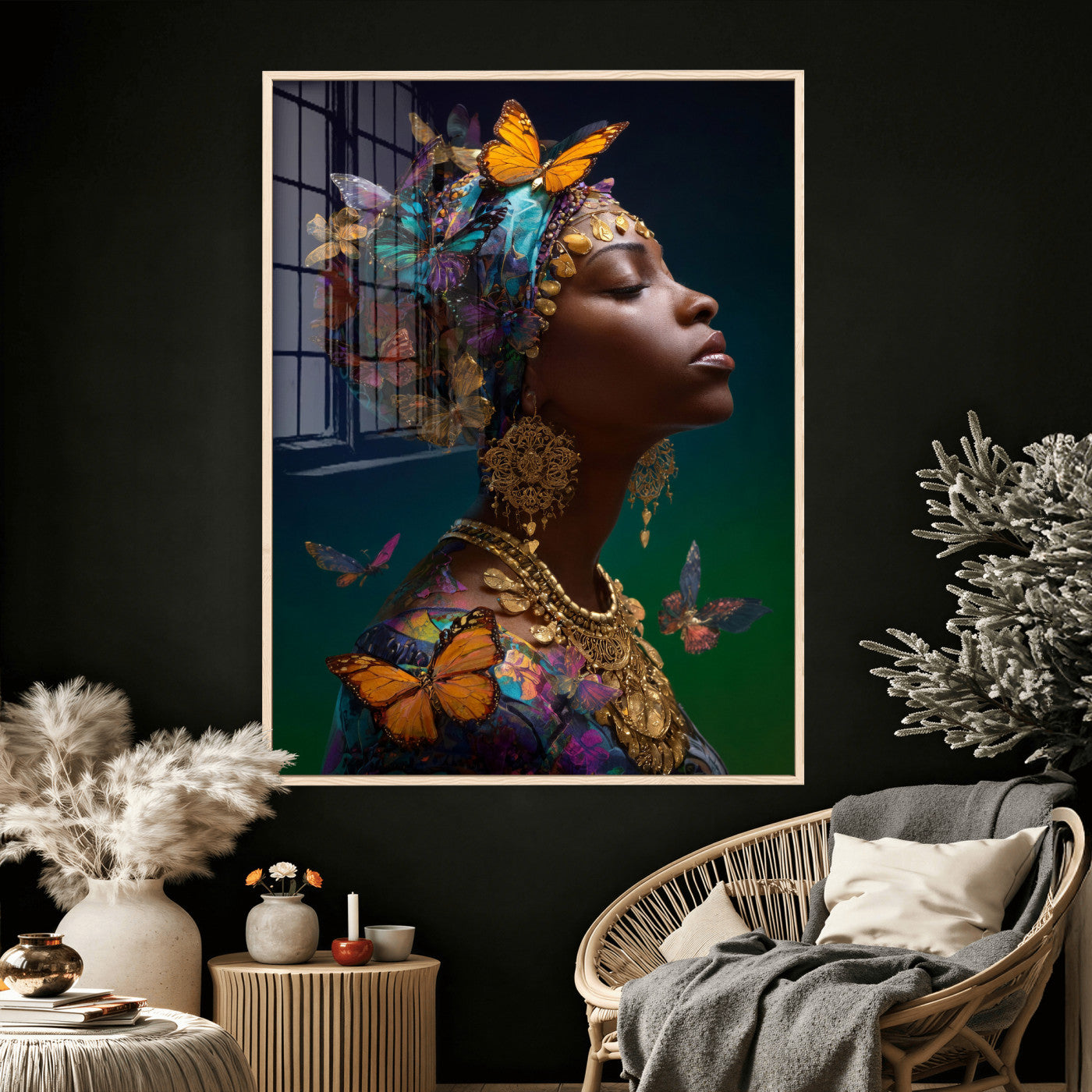620930SZC0-MGV-CV-24X36 - Butterfly Crown Gold Woman Portrait — Monarch Queen Canvas Print | Teal Dark Fantasy Art | Boho Bedroom Wall Decor | Empowerment Gift Her