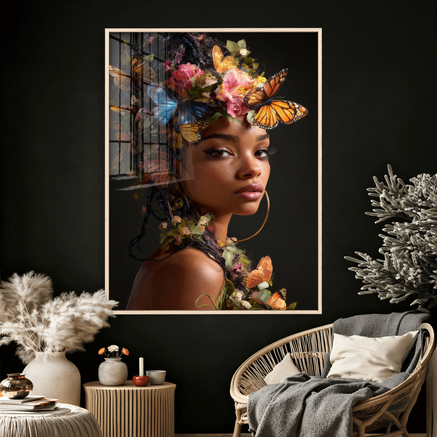 620930SZC10-MGV-CV-24X36 - Butterfly Crown Gold Woman Portrait — Monarch Queen Canvas Print | Teal Dark Fantasy Art | Boho Bedroom Wall Decor | Empowerment Gift Her
