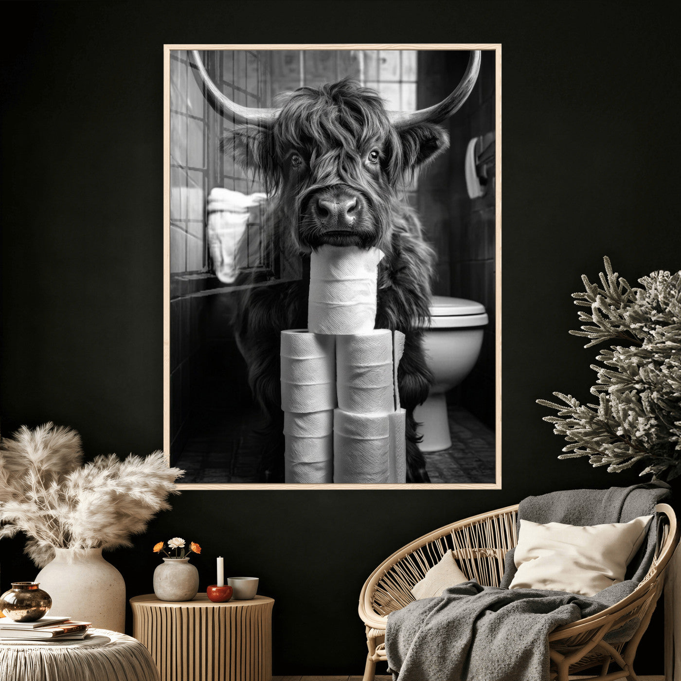 95909209-MGV-CV-24X36 - Highland Cow Toilet Paper Canvas Wall Art, Funny Bathroom Black White Print, Cute Animal Humor Decor, Quirky Farmhouse Bathroom Art, Cow Lover Gift