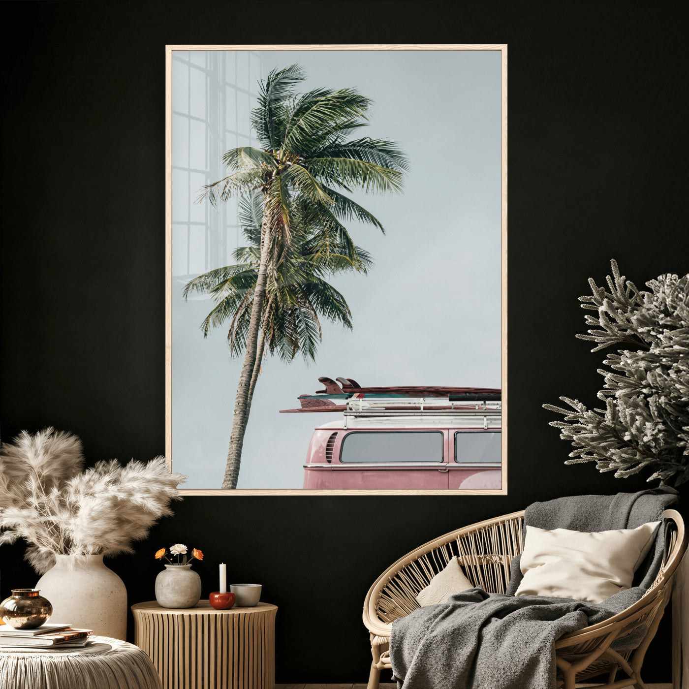 73117797-MGV-CV-24X36 - VW Van Palm Tree Canvas Wall Art, Pink Camper Surfboards Beach Print, Retro Surf Photography Decor, Coastal Boho Wall Art, Surfer Gift Idea