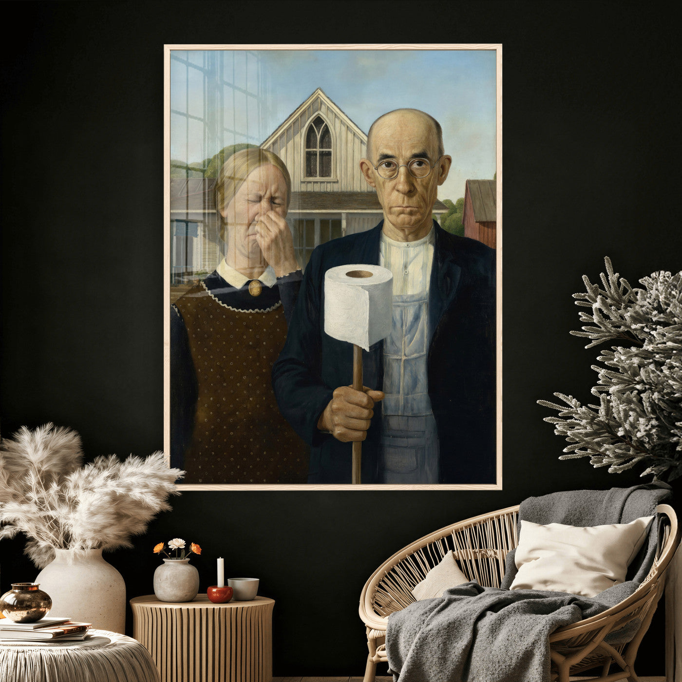 46805085-MGV-CV-24X36 - Funny Bathroom Canvas Wall Art, Grant Wood American Gothic Toilet Paper Parody Print, Humor Bathroom Decor, Classic Art Spoof, Quirky Housewarming Gift