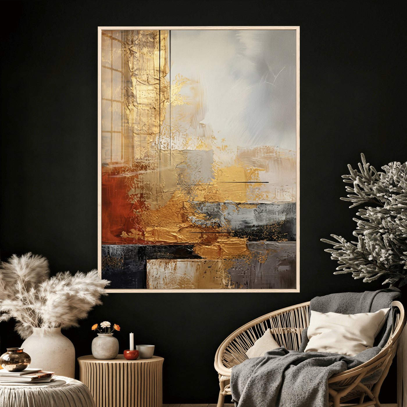 98453723G-MGV-CV-24X36 - Gold Abstract Canvas Wall Art, Luxury Textured Style Gold Leaf Painting Print, Modern Glam Decor, Gold Grey Rust Abstract Art, Living Room Statement Art